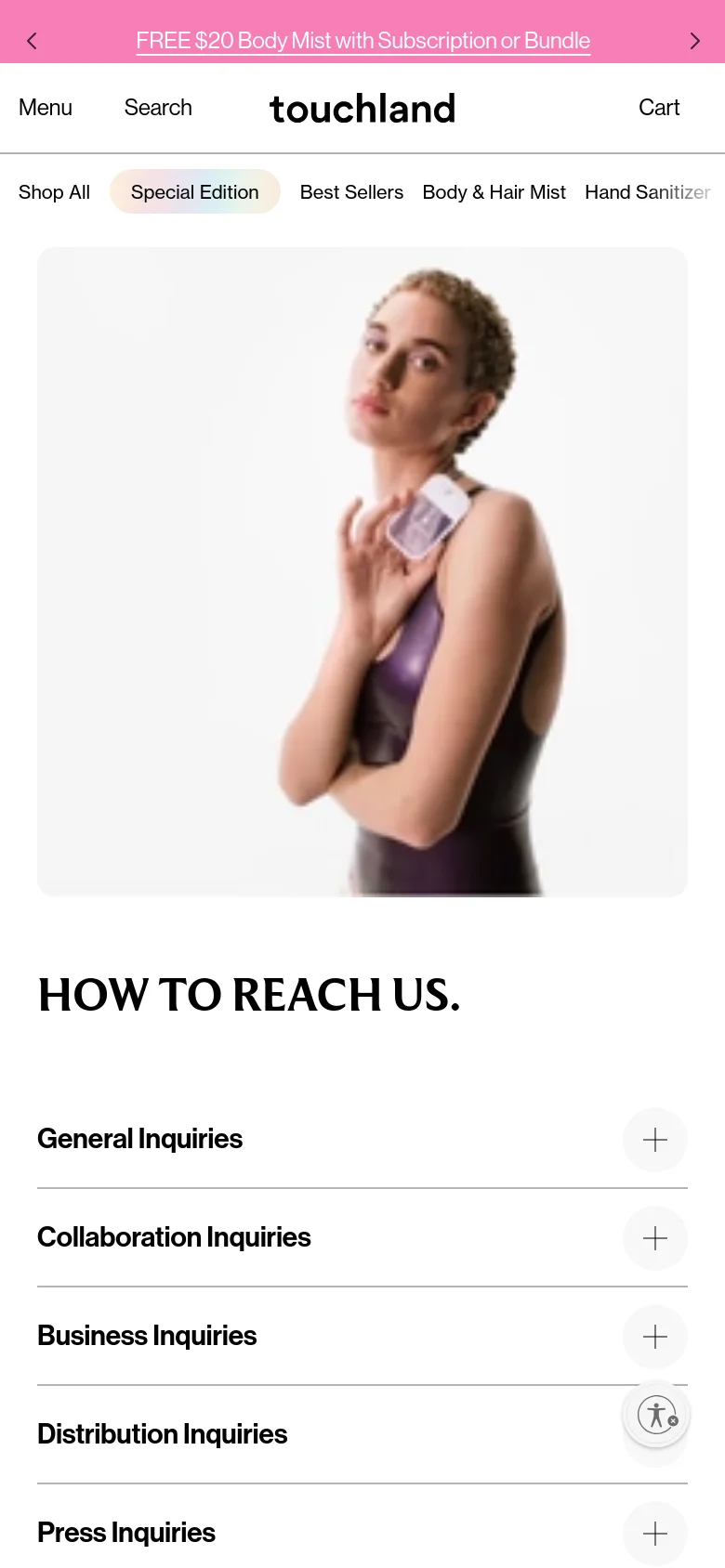 The mobile version presents a vertically stacked layout, starting with a large hero image of a person holding a hand sanitizer. The contact information is organized into an accordion-style menu where users can tap plus icons to expand categories like General Inquiries, Collaboration Inquiries, and Business Inquiries.