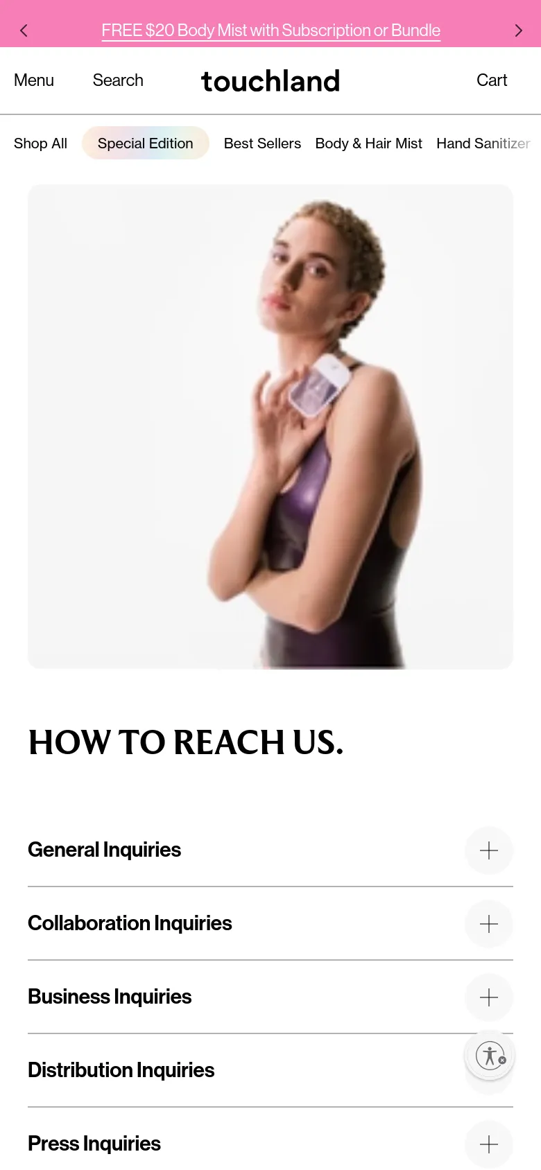 The mobile version presents a vertically stacked layout, starting with a large hero image of a person holding a hand sanitizer. The contact information is organized into an accordion-style menu where users can tap plus icons to expand categories like General Inquiries, Collaboration Inquiries, and Business Inquiries.
