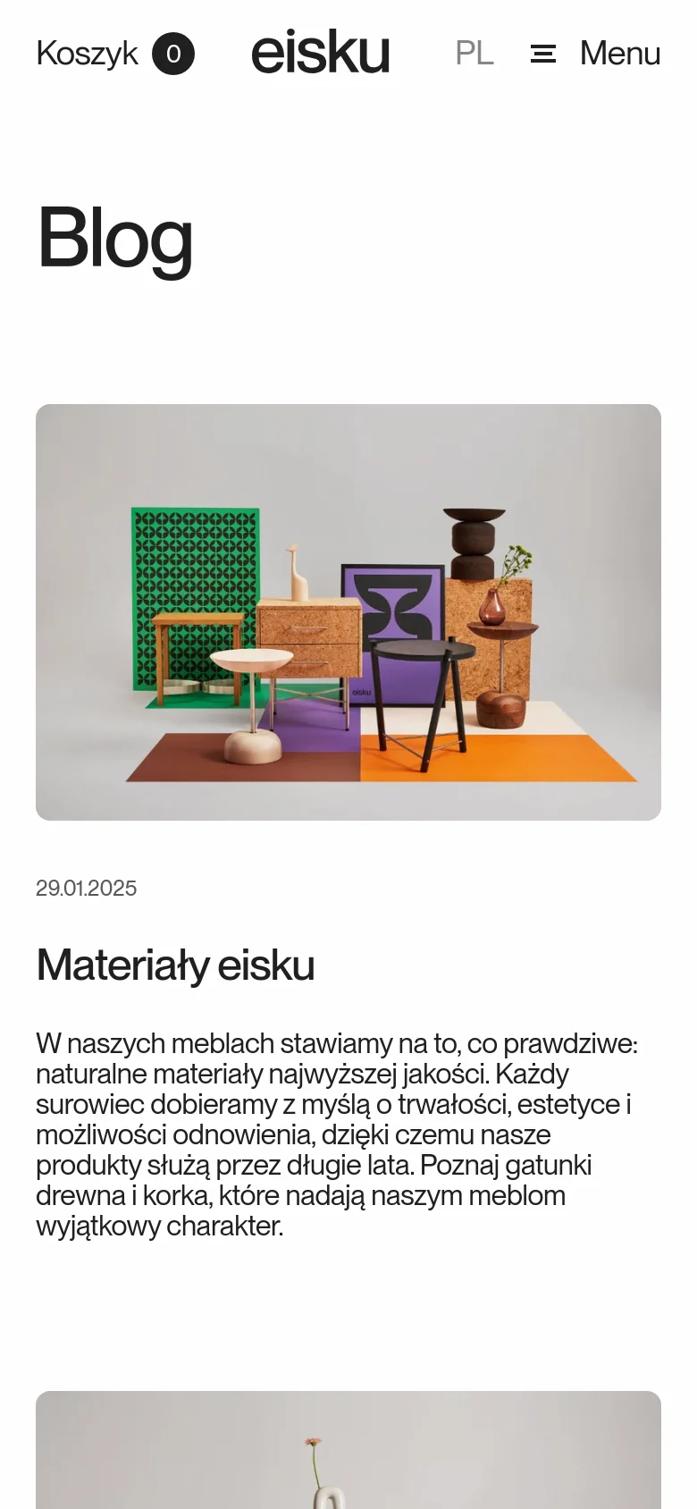 The mobile version presents a single-column vertical layout with the 'Blog' heading at the top. The featured article image spans the full width of the screen, with the title, date, and text content stacked directly underneath the image.