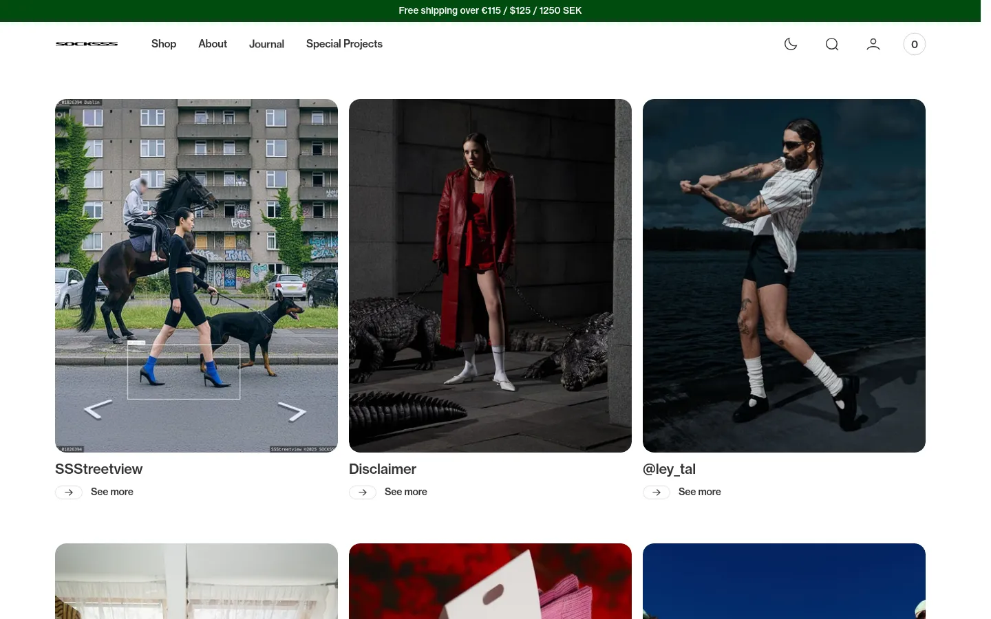 The Journal page features a clean, minimalist layout with a white background and a top navigation bar. A grid of large, vertical editorial images showcases various blog posts like 'SSStreetview' and 'Disclaimer,' each accompanied by a title and a 'See more' link with an arrow icon.