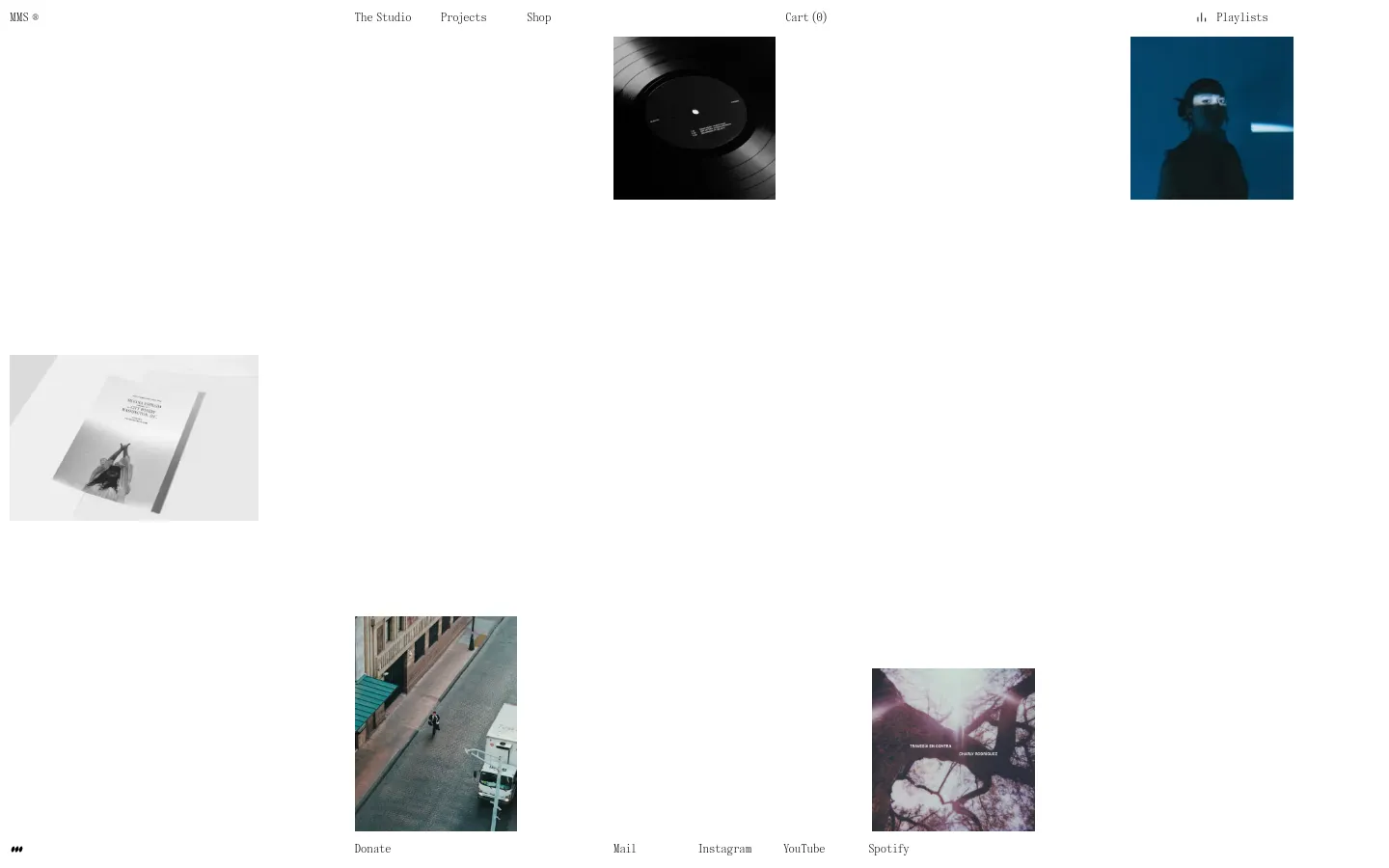 The desktop homepage features a minimalist, high-contrast design with a white background and black text. A grid of large, cinematic project images is scattered across the page, including a close-up of a vinyl record and various artistic photography. Navigation links like 'The Studio', 'Projects', and 'Shop' are at the top, while footer links for 'Donate', 'Mail', and social media are at the bottom.