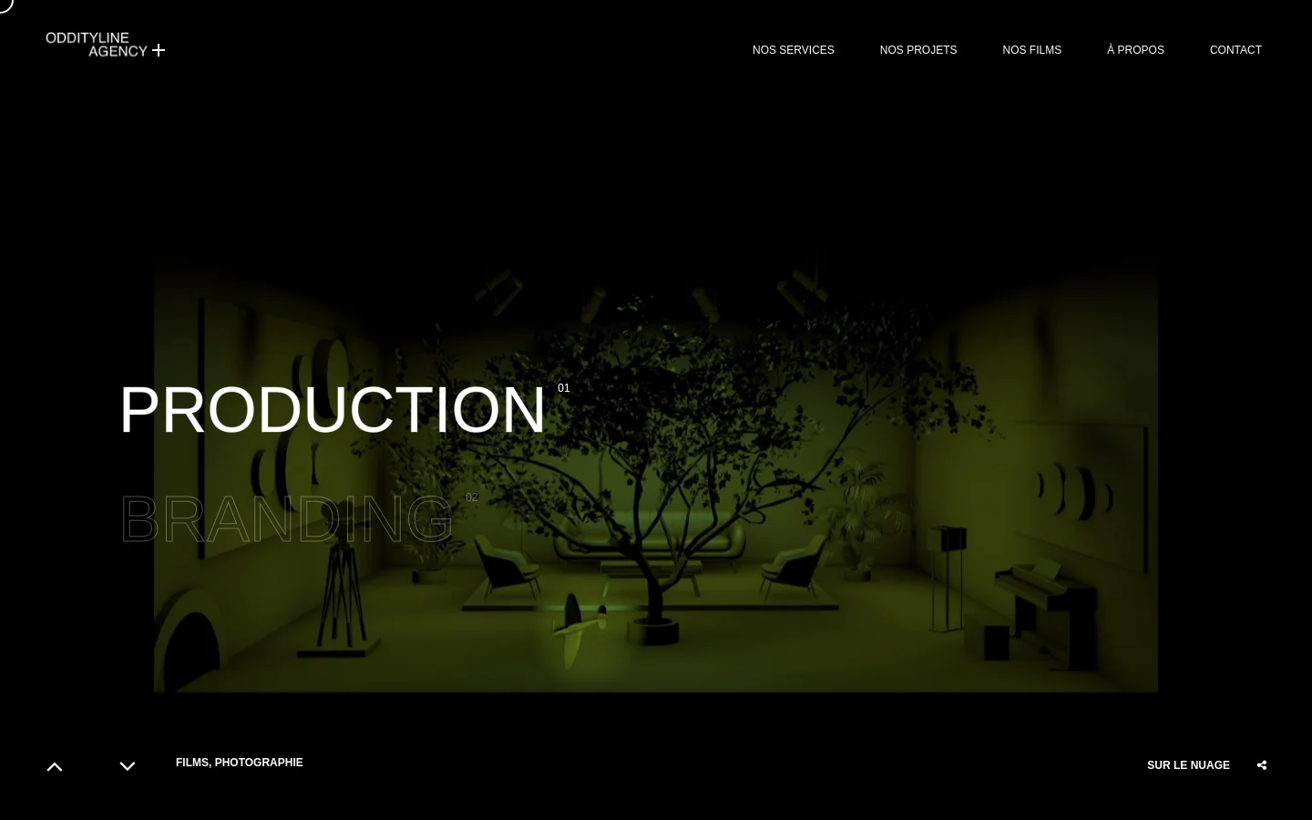 The desktop homepage features a dark, minimalist aesthetic with a large, cinematic background image of a studio set with a tree and furniture, overlaid with a green tint. The headline 'PRODUCTION 01' is prominent in large white sans-serif text, with 'BRANDING 02' appearing subtly underneath. A navigation menu is located at the top right, and directional arrows are at the bottom.