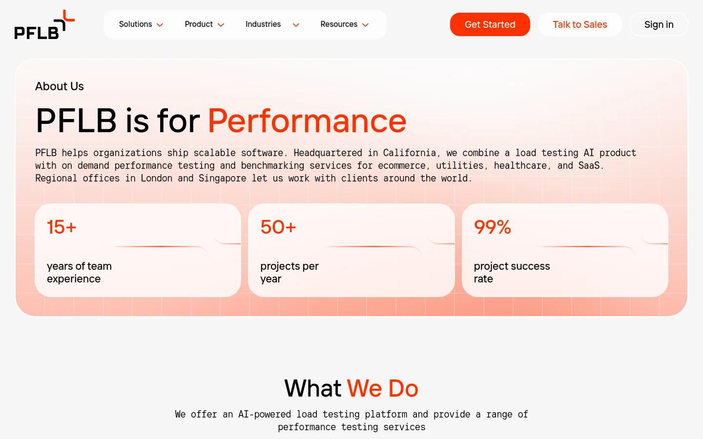 The About Us page features a clean, professional layout with a white and light orange color palette. A large hero section contains the headline 'PFLB is for Performance' followed by a description and three statistical cards highlighting 15+ years of experience, 50+ projects per year, and a 99% success rate. The navigation bar at the top includes dropdown menus for Solutions, Product, Industries, and Resources, alongside 'Get Started', 'Talk to Sales', and 'Sign in' buttons.