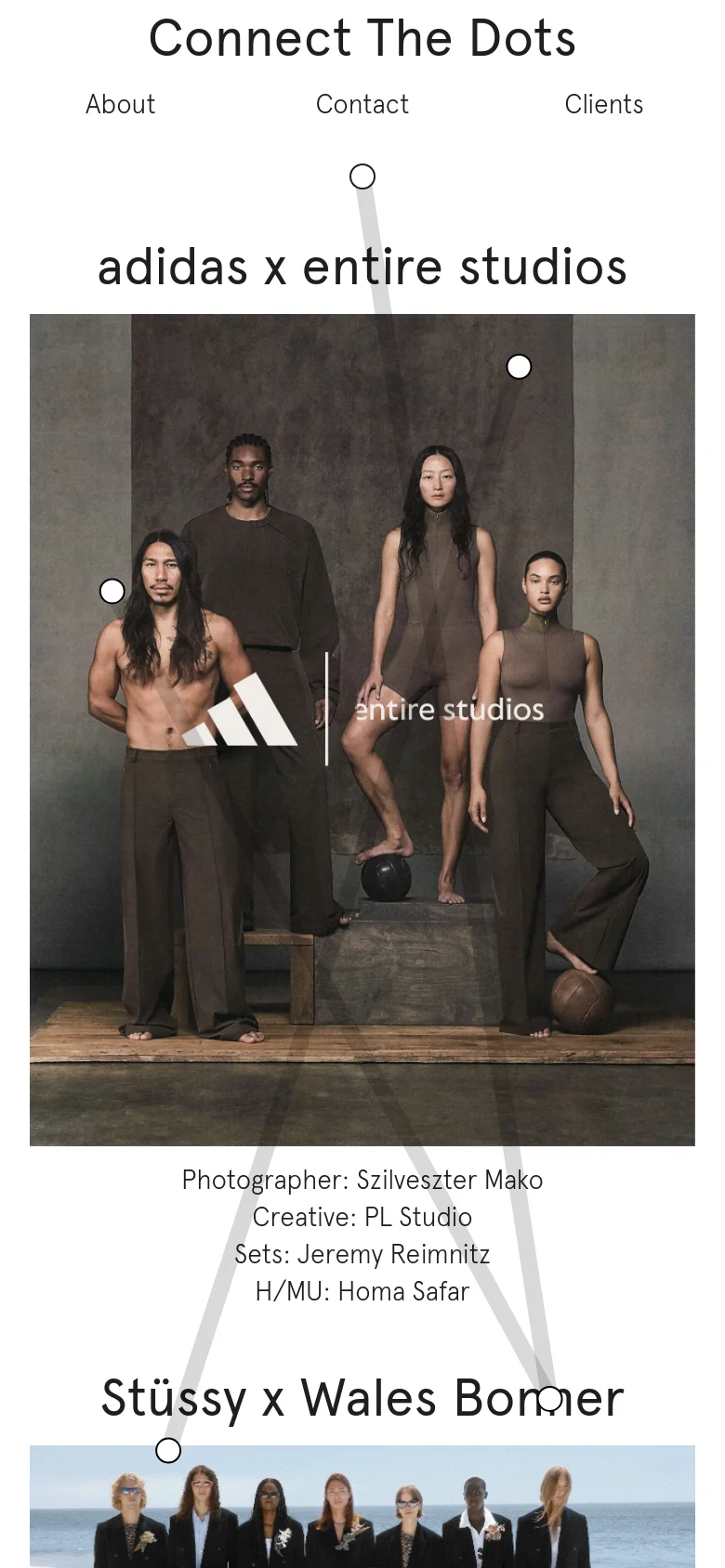 The mobile version presents a vertical, single-column layout focused on large-scale imagery. The headline 'Connect The Dots' is prominent at the top, followed by text links for About, Contact, and Clients. A large hero image shows a group of models for an 'adidas x entire studios' campaign, with production credits listed below it.