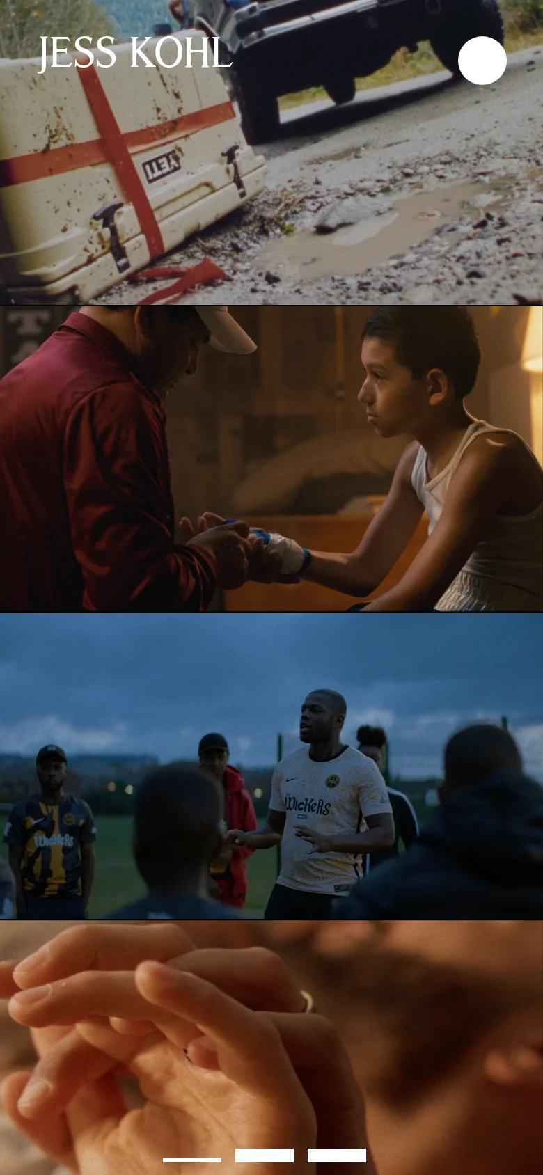 The mobile version maintains the cinematic full-width imagery but simplifies the header, showing only 'JESS KOHL' and a circular menu icon. The layout presents a vertical stack of large, high-quality video stills from various commercial projects, including Gymshark and Nike.