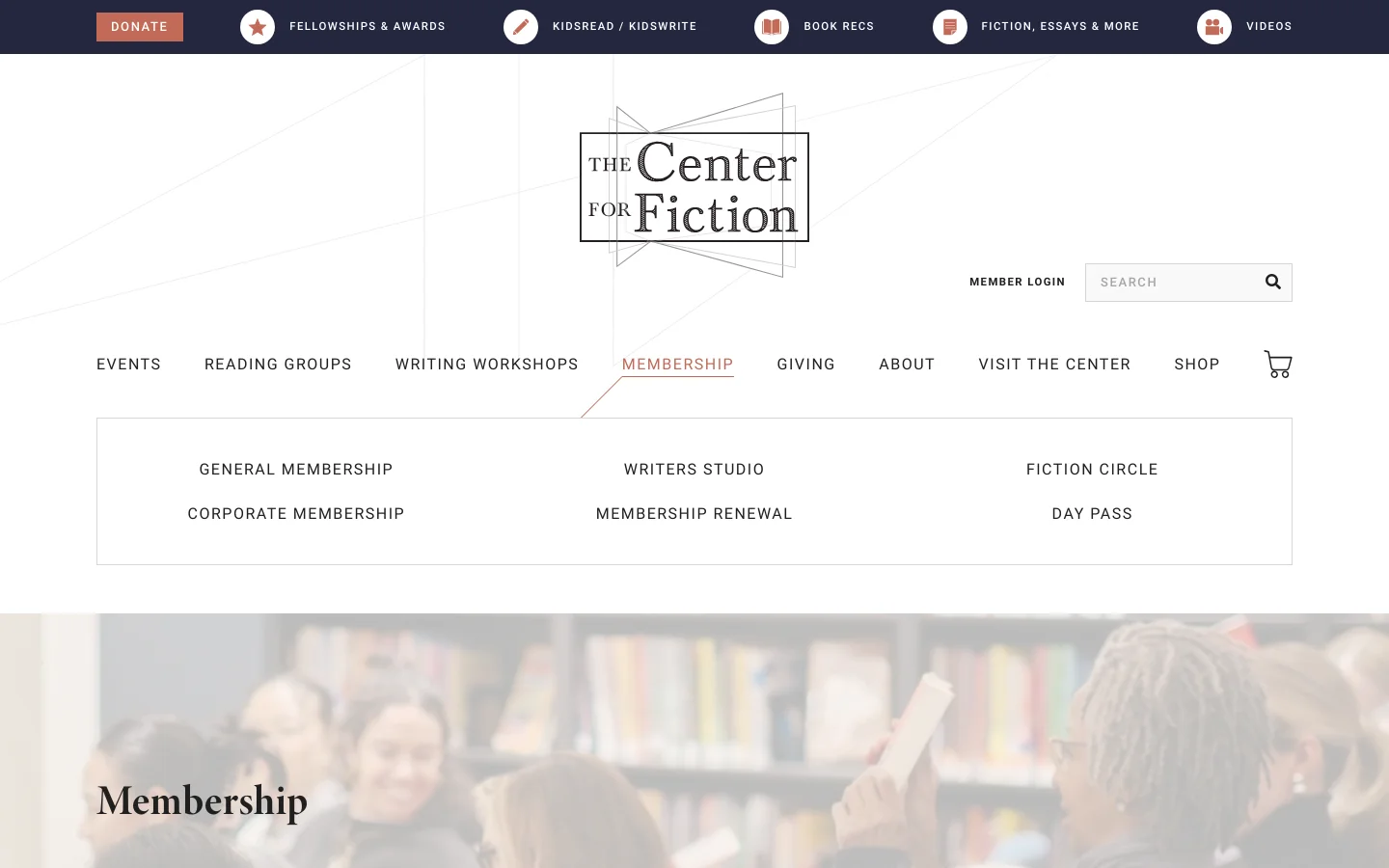 The desktop page features a large hero image of people reading in a library with the headline 'Membership' overlaid. Below, a clean white layout contains text describing membership benefits, followed by a navigation grid for membership types like General Membership and Writers Studio. The header includes the logo, a search bar, and a main navigation menu with links for Events, Reading Groups, and more.