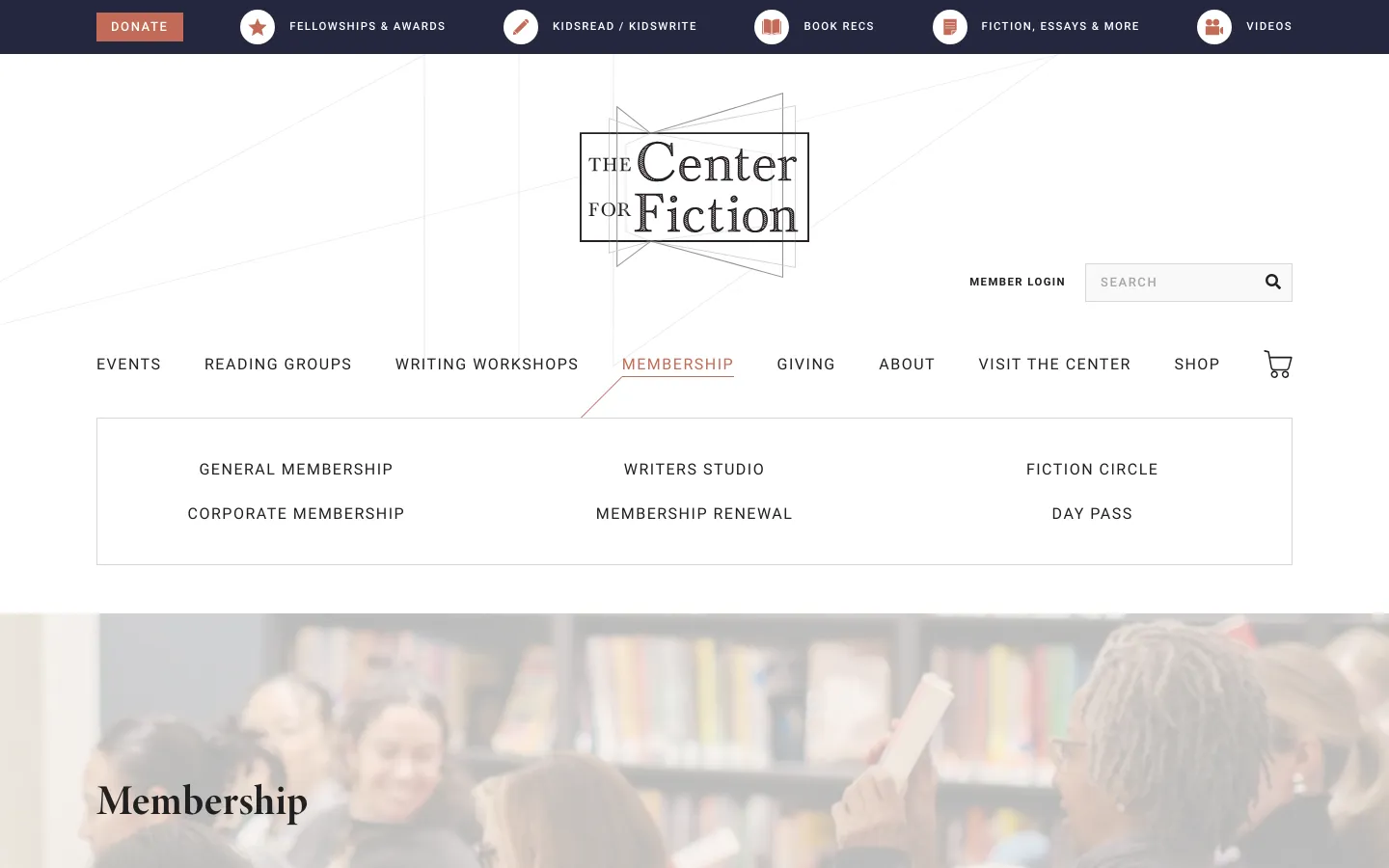 The desktop page features a large hero image of people reading in a library with the headline 'Membership' overlaid. Below, a clean white layout contains text describing membership benefits, followed by a navigation grid for membership types like General Membership and Writers Studio. The header includes the logo, a search bar, and a main navigation menu with links for Events, Reading Groups, and more.