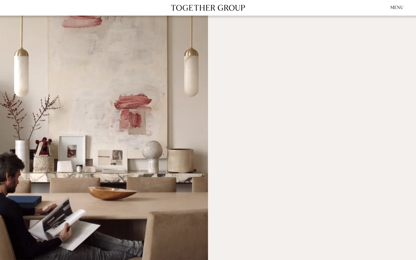 The desktop contact page features a split-screen layout with a large lifestyle image on the left showing a person reading in a modern interior. On the right, a minimalist contact form titled 'GET in TOUCH' sits against a light beige background with fields for name, company, region, phone, email, purpose, attachment, and message, ending with a 'SEND' button.