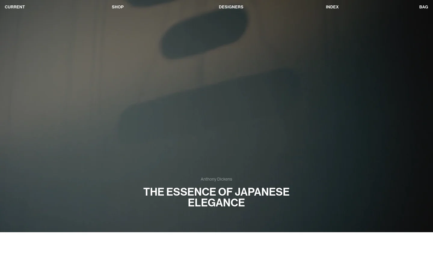 The desktop homepage features a minimalist dark design with a large hero image of a sculptural lighting installation. A navigation menu is at the top with links for Shop, Designers, Index, and Bag, while the hero section displays the headline 'THE ESSENCE OF JAPANESE ELEGANCE' by Anthony Dickens. Below the hero, a grid of premium lighting products is displayed with high-quality photography, product names, and designer credits.