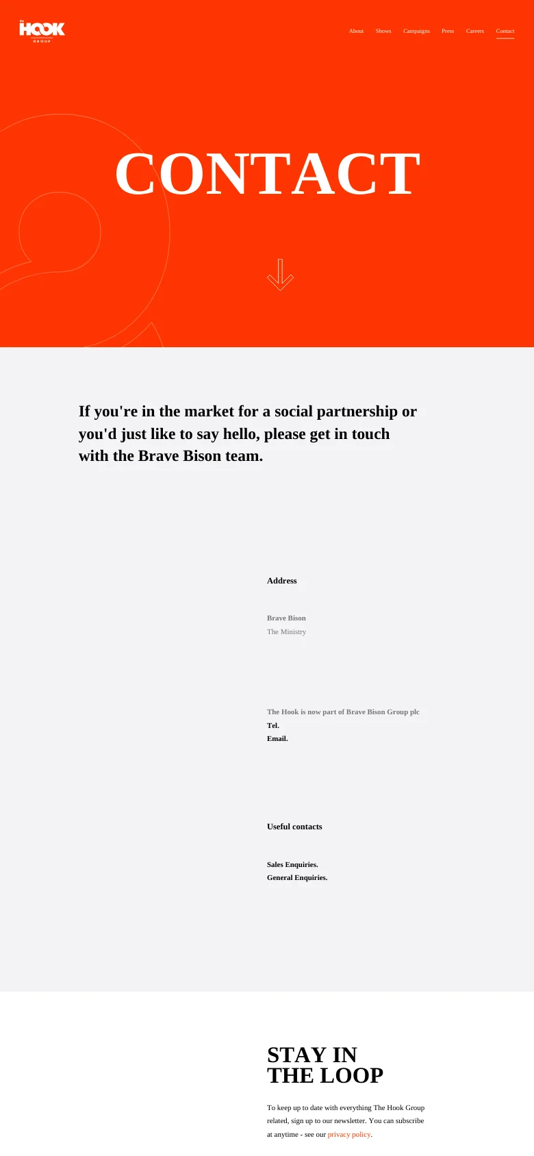The mobile version maintains the vibrant orange hero section with 'CONTACT' in large white text, but the layout is vertically stacked for a narrower screen. The contact information and newsletter sign-up sections follow below in a single-column format on a white background, prioritizing readability on small devices.