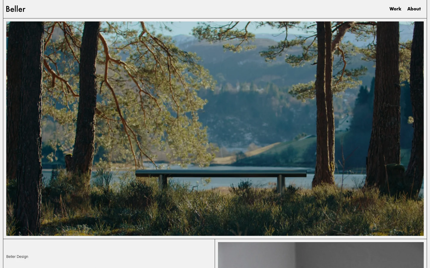 The Beller homepage features a minimalist white header with the brand name on the left and 'Work' and 'About' links on the right. A large, cinematic hero image shows a modern bench set against a scenic landscape of pine trees, hills, and a body of water. Below the hero section, a grid layout begins with text and imagery.