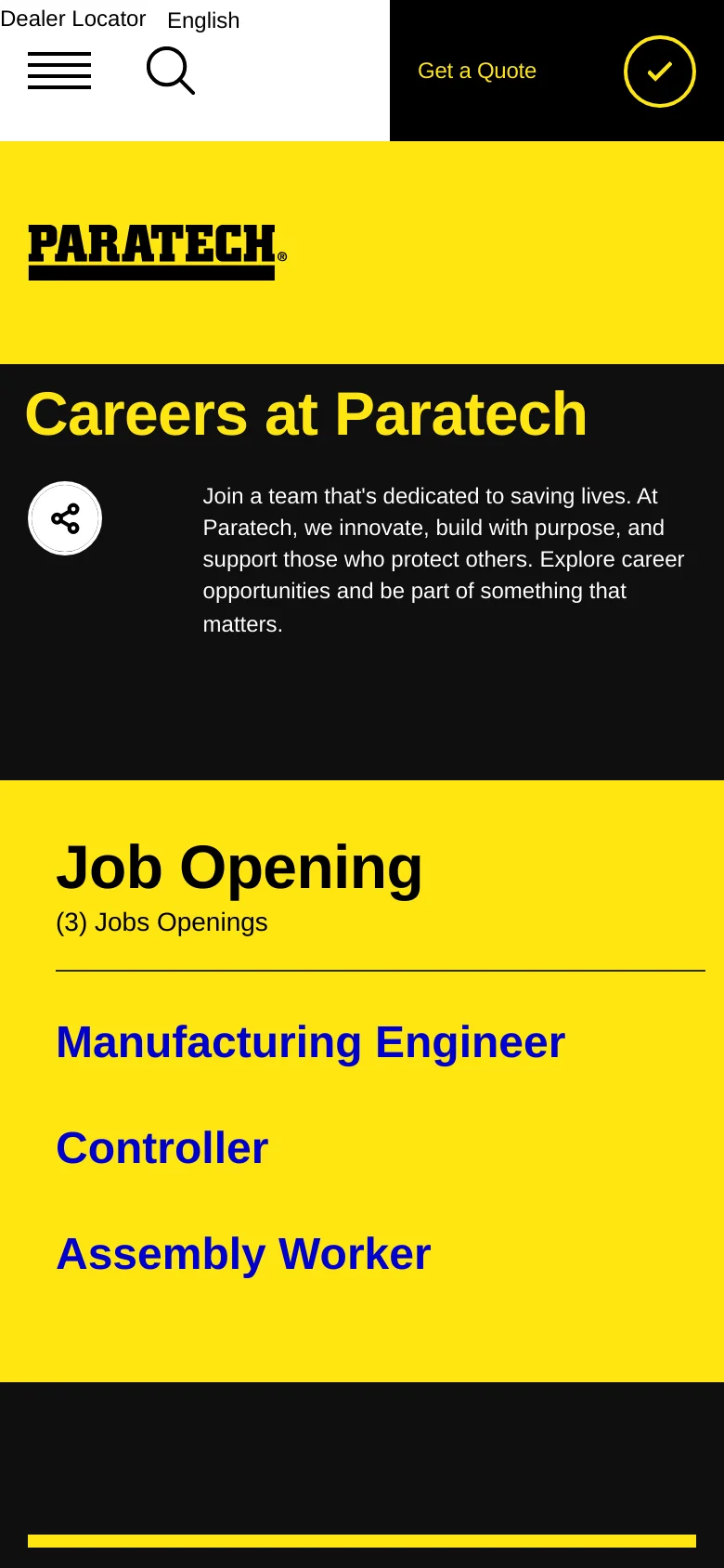 The mobile version simplifies the layout into a vertical stack, starting with a yellow header containing the Paratech logo. The hero section transitions to a black background with the 'Careers at Paratech' headline and text, followed by a large yellow section listing the three job openings. A condensed navigation menu is accessible via a hamburger icon and a search icon at the top.
