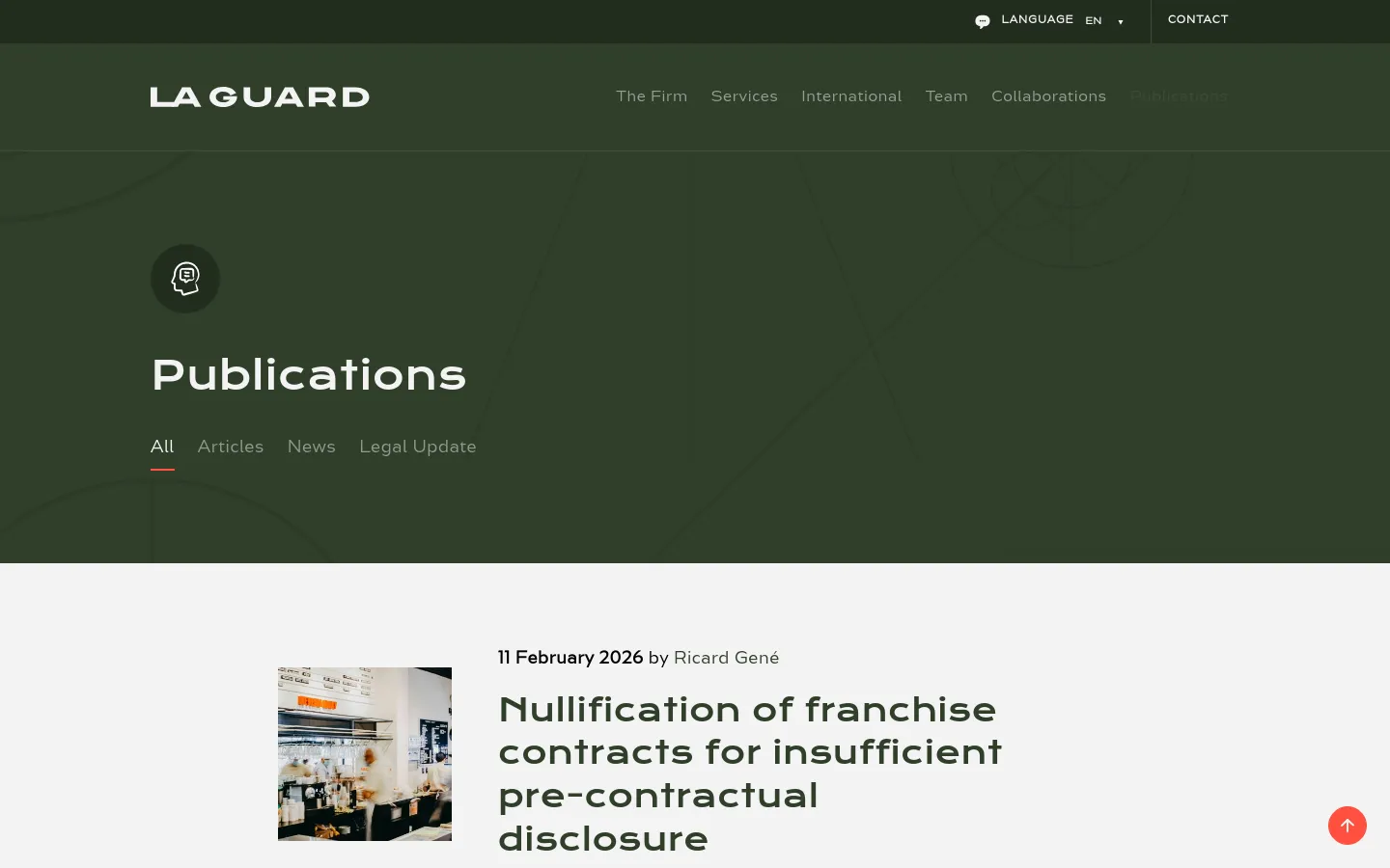 The Publications page features a dark green hero section with the title 'Publications' and a navigation menu for filtering content by All, Articles, News, or Legal Update. Below the hero, a blog feed displays articles with large headlines, dates, author names, and accompanying thumbnail images against a white background. The layout is clean and professional, utilizing a minimalist color palette of dark green, white, and black.