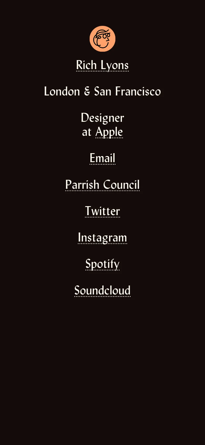 The mobile version maintains the minimalist dark brown aesthetic and centered vertical layout of the desktop site. The content is condensed into a single column, featuring the peach line art avatar, name, location, and professional title, followed by a list of text links for email and social media profiles.