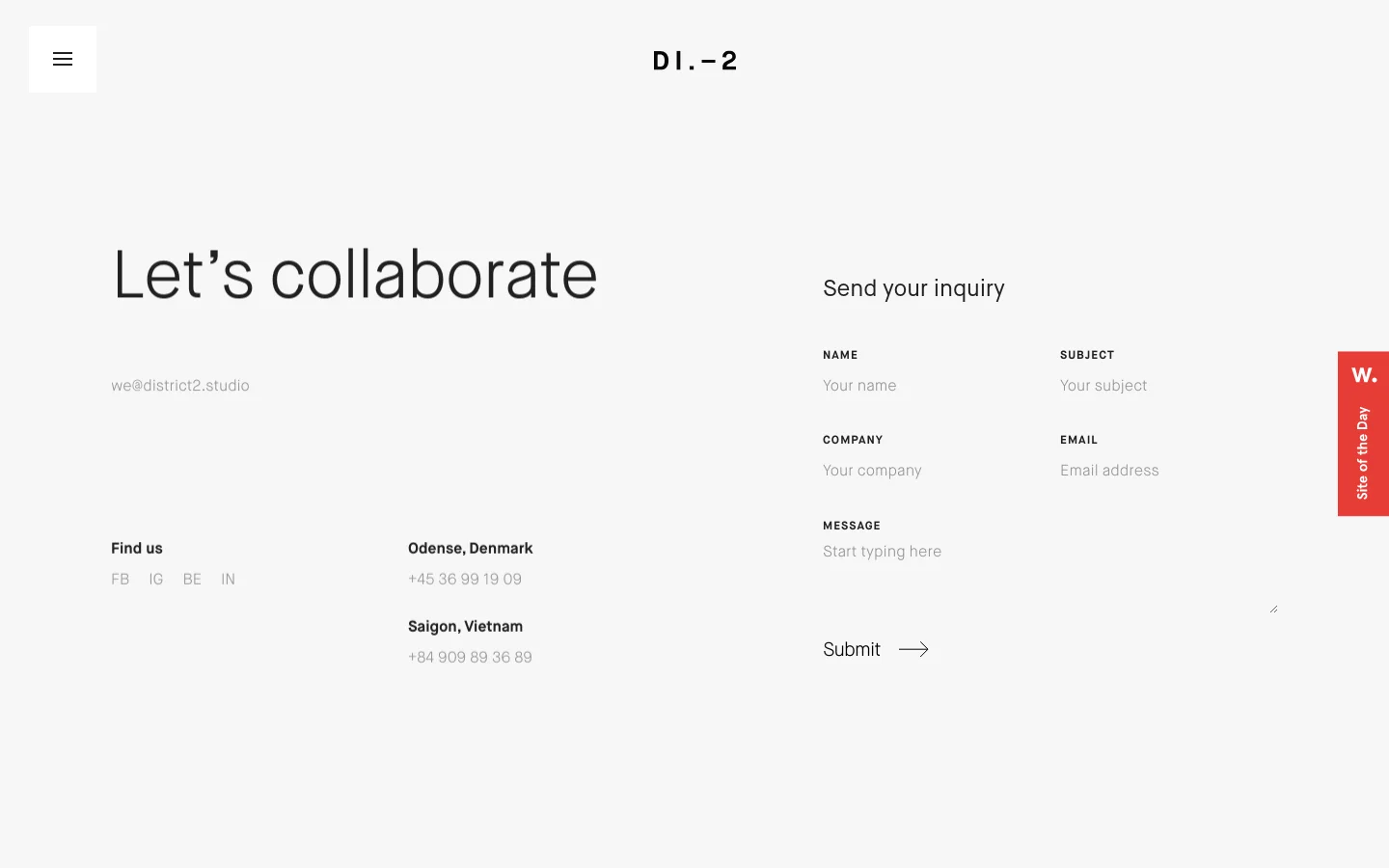 The desktop contact page features a minimalist white layout with a large 'Let's collaborate' headline and email address on the left. On the right, a 'Send your inquiry' form includes fields for name, subject, company, email, and message, followed by a 'Submit' button with an arrow. Contact details for Odense, Denmark and Saigon, Vietnam are listed at the bottom left.