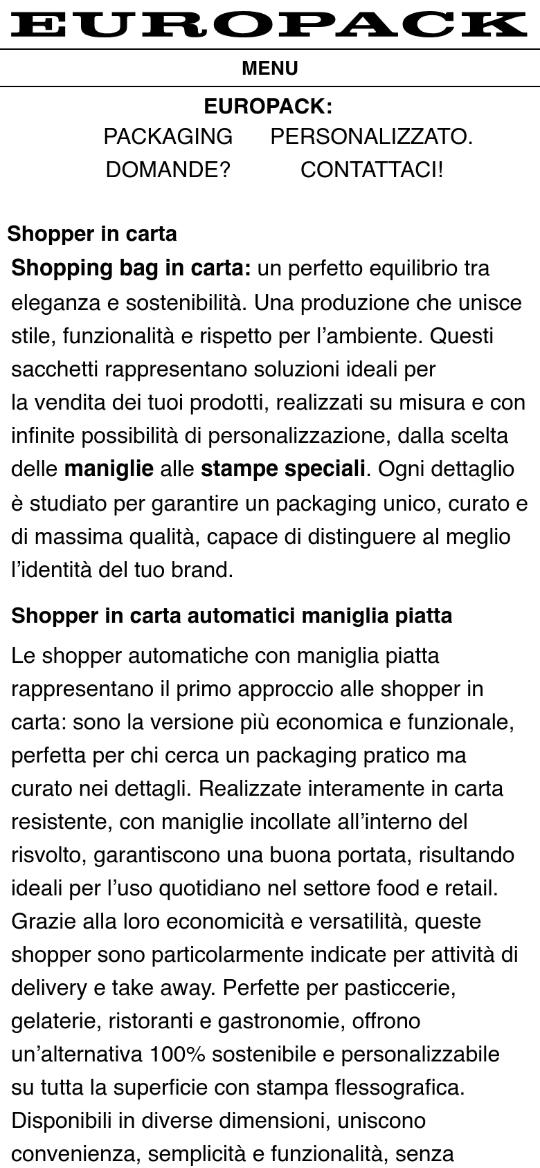 The mobile version presents a vertically stacked layout with the 'EUROPACK' logo and a 'MENU' button at the top. The text content is condensed into a single column for readability, and the product gallery is simplified, focusing on the text descriptions and a single-column flow of information.