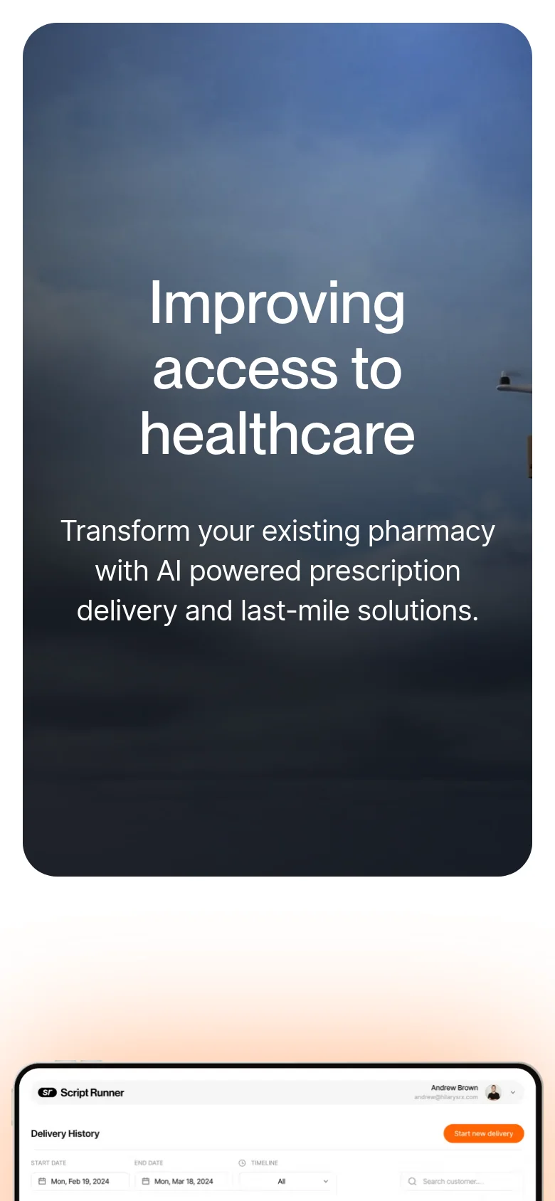 The mobile version presents a vertically stacked layout, starting with a dark hero image containing centered white text and a headline. The content follows in a single column, with benefit sections and software imagery scaled to fit the narrow screen width, maintaining the high-contrast dark and white color scheme.