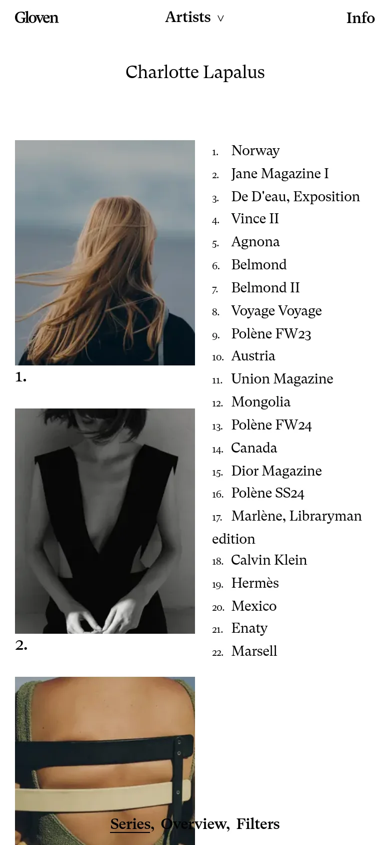 The mobile version maintains the minimalist aesthetic but adapts the layout into a single-column vertical scroll. The project images are stacked vertically, with the numbered list of titles appearing alongside or below the images to fit the narrower screen width.