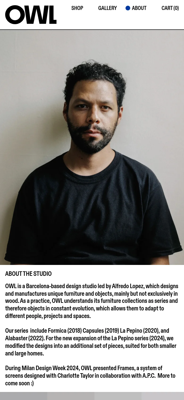 The mobile version uses a single-column vertical layout, placing the large portrait of Alfredo Lopez at the top, followed by the text content below. The navigation menu is condensed into a horizontal bar at the top, and the sidebar links are removed to prioritize a clean, scrolling experience.