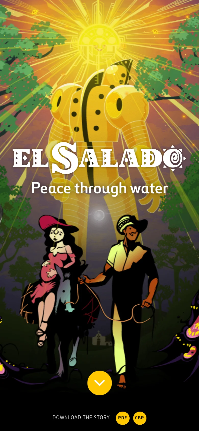 The mobile version presents a vertically oriented version of the graphic novel illustration, focusing on the central characters and the golden deity in the background. The 'EL SALADO' title and 'Peace through water' subtitle are prominently centered, with a large yellow downward arrow and download buttons located at the bottom of the screen.
