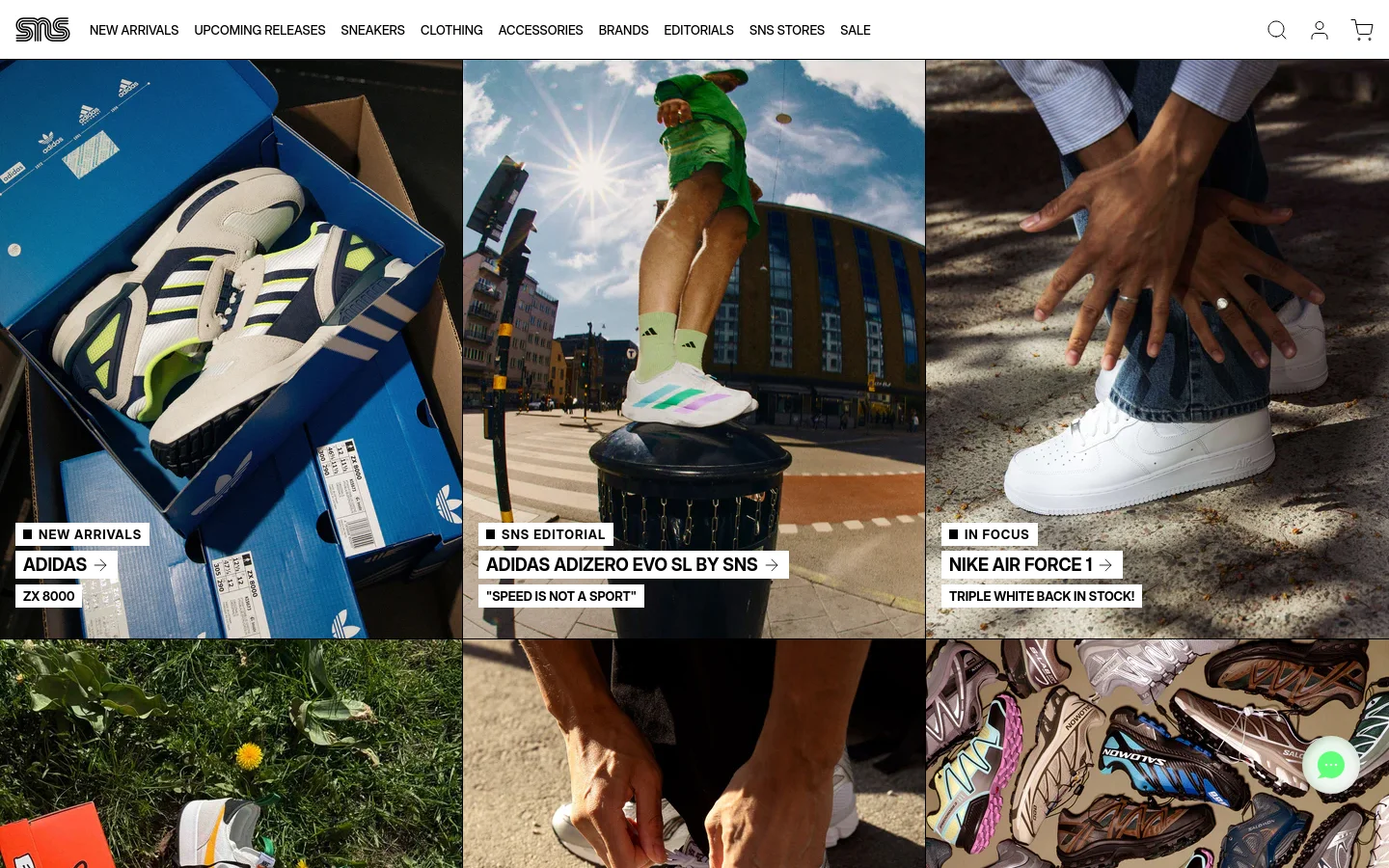 The desktop homepage features a minimalist white navigation bar with the SNS logo and links for New Arrivals, Sneakers, and Clothing. Below, a grid of large, high-quality lifestyle and product images showcases brands like Adidas, Nike, and ASICS, with bold black and white text overlays acting as calls to action.