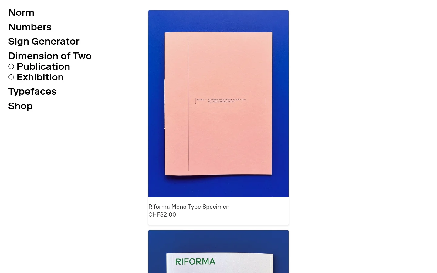 The desktop shop page features a minimalist design with a sidebar navigation menu on the left and a product grid on the right. Products like 'Riforma Mono Type Specimen' are displayed with large rectangular images against blue backgrounds, followed by the product title and price in black text on a white background.