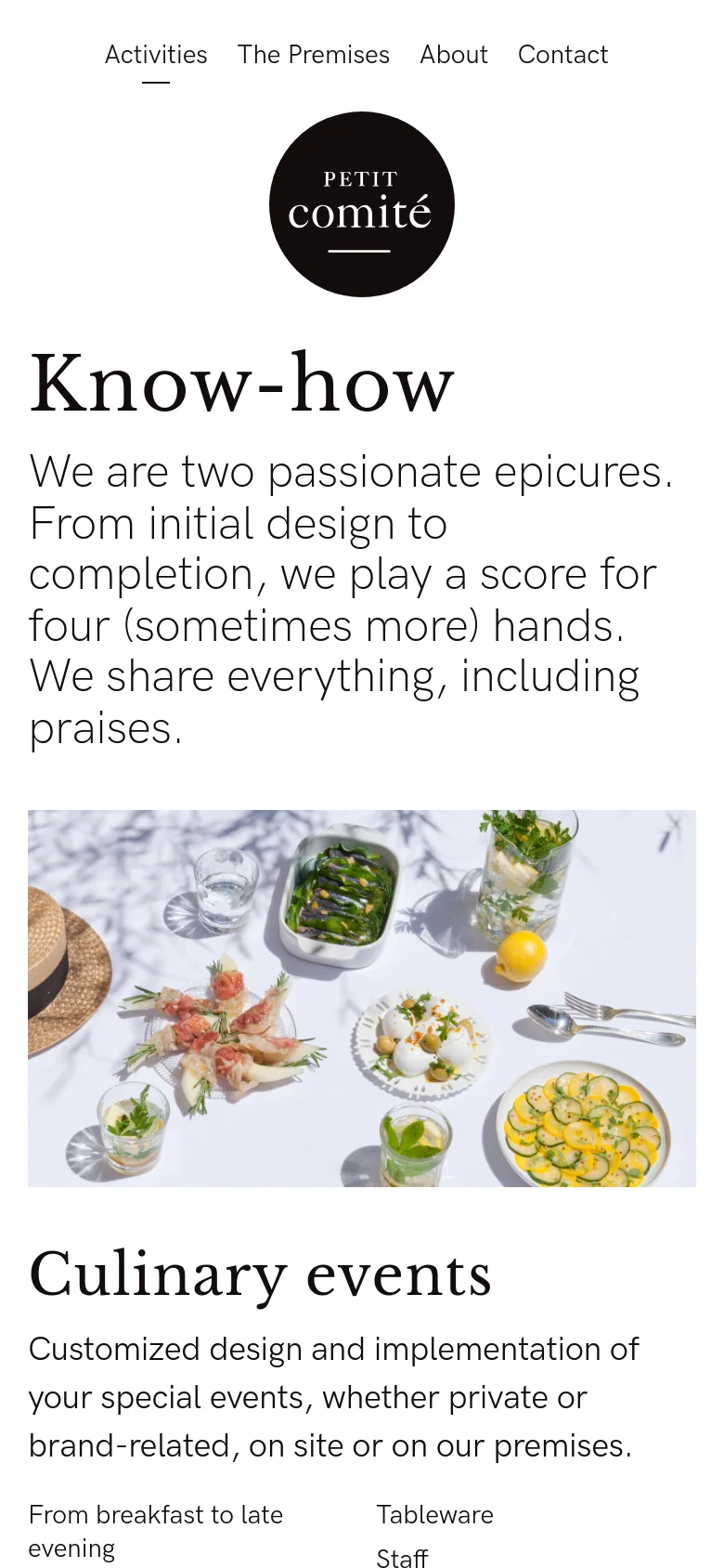 The mobile version maintains the minimalist aesthetic but uses a stacked layout. The navigation links are arranged horizontally at the top, followed by the circular logo and the 'Know-how' headline. The hero image is scaled down to fit the narrower screen width, positioned below the introductory text.