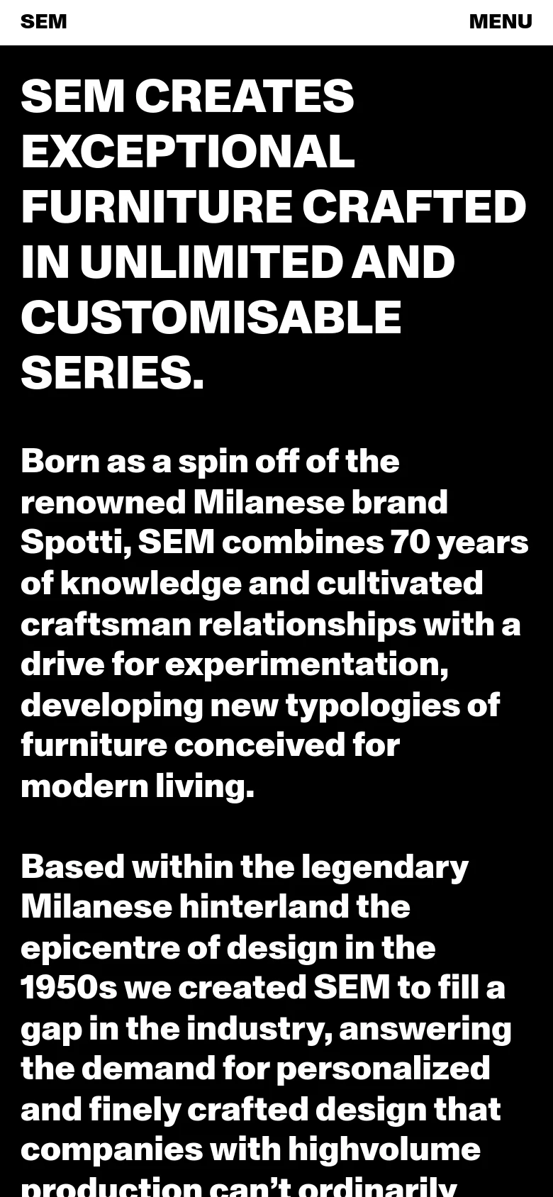 The mobile version presents a single-column layout on a black background with large, high-contrast white text. The main headline and brand story text are stacked vertically, and the top navigation is simplified to a 'MENU' button on the right side.