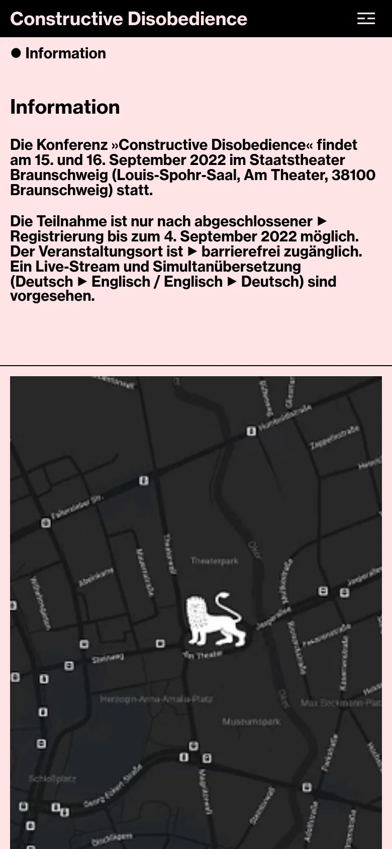 The mobile version uses a single-column layout with a dark header containing a hamburger menu and the site title. The text content and map are stacked vertically, with the map appearing directly below the main information text.