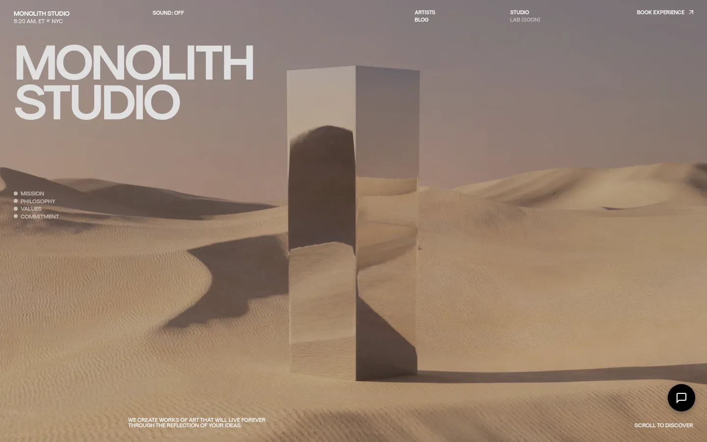 The desktop landing page features a minimalist design with a large, white 'MONOLITH STUDIO' headline over a cinematic background of sand dunes and a tall, reflective monolith. A navigation menu is spread across the top, and a 'scroll to discover' prompt sits at the bottom, all set against a muted, earthy color palette.