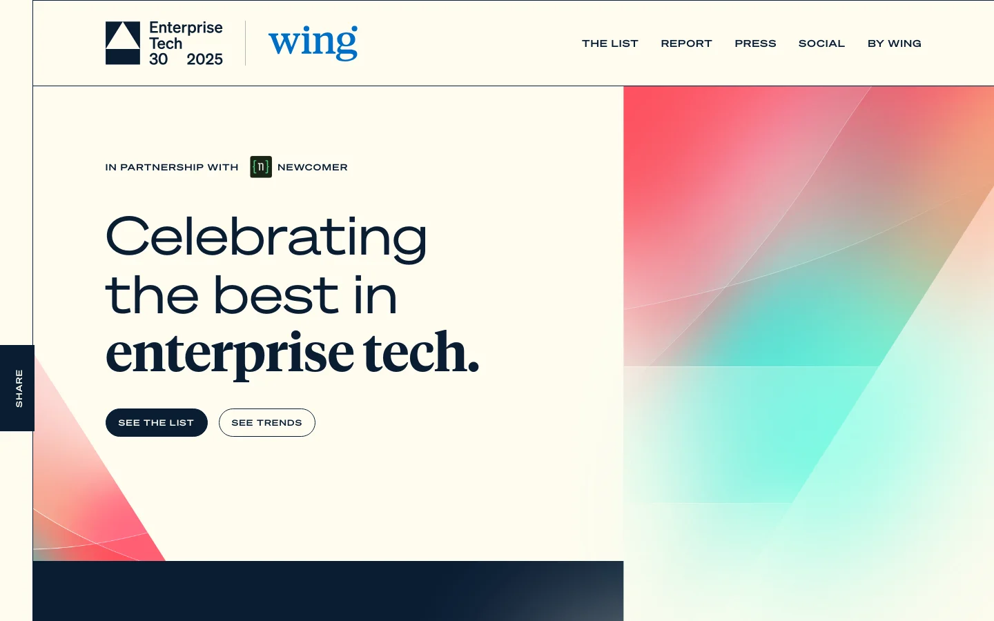The desktop homepage features a split-screen layout with a cream-colored left side and a vibrant, multi-colored gradient graphic on the right. The headline reads 'Celebrating the best in enterprise tech.' with two primary call-to-action buttons: 'SEE THE LIST' and 'SEE TRENDS'. A navigation menu at the top includes links for The List, Report, Press, Social, and By Wing.