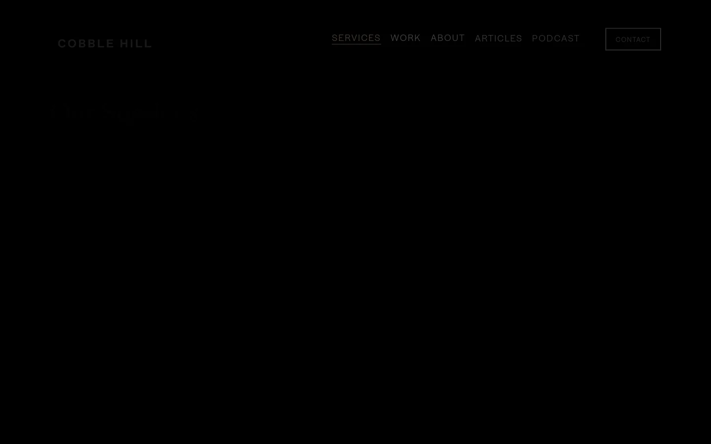 The desktop Services page features a dark, minimalist design with white text. A large headline 'Our Services' is followed by two descriptive paragraphs, and the layout includes structured sections for Performance Marketing, Web Design & Development, and Email & SMS, each with a 'VIEW CASE STUDIES' call to action. The navigation menu is located at the top right, featuring links for Services, Work, About, Articles, Podcast, and a Contact button.