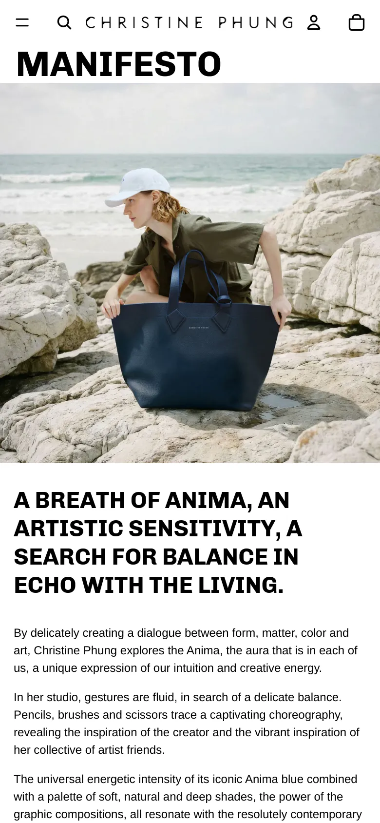 The mobile version presents a single-column vertical layout, starting with a hamburger menu and search icon above the 'MANIFESTO' title. The hero image of the person by the ocean spans the full width of the screen, followed by the brand's philosophical text stacked underneath in a large, readable font.