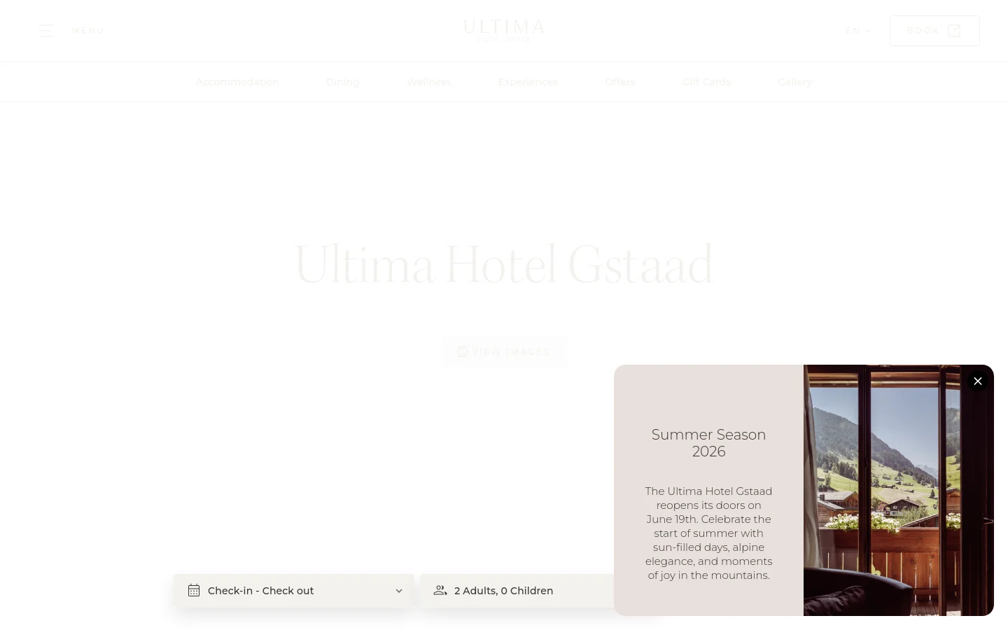 The desktop homepage features a large hero image of a mountain landscape viewed through a window, overlaid with the title 'Ultima Hotel Gstaad' and a booking widget. A navigation menu at the top includes links for Accommodation, Dining, Wellness, and Experiences, set against a clean, light-colored background. A prominent 'Book' button is located in the top right corner.