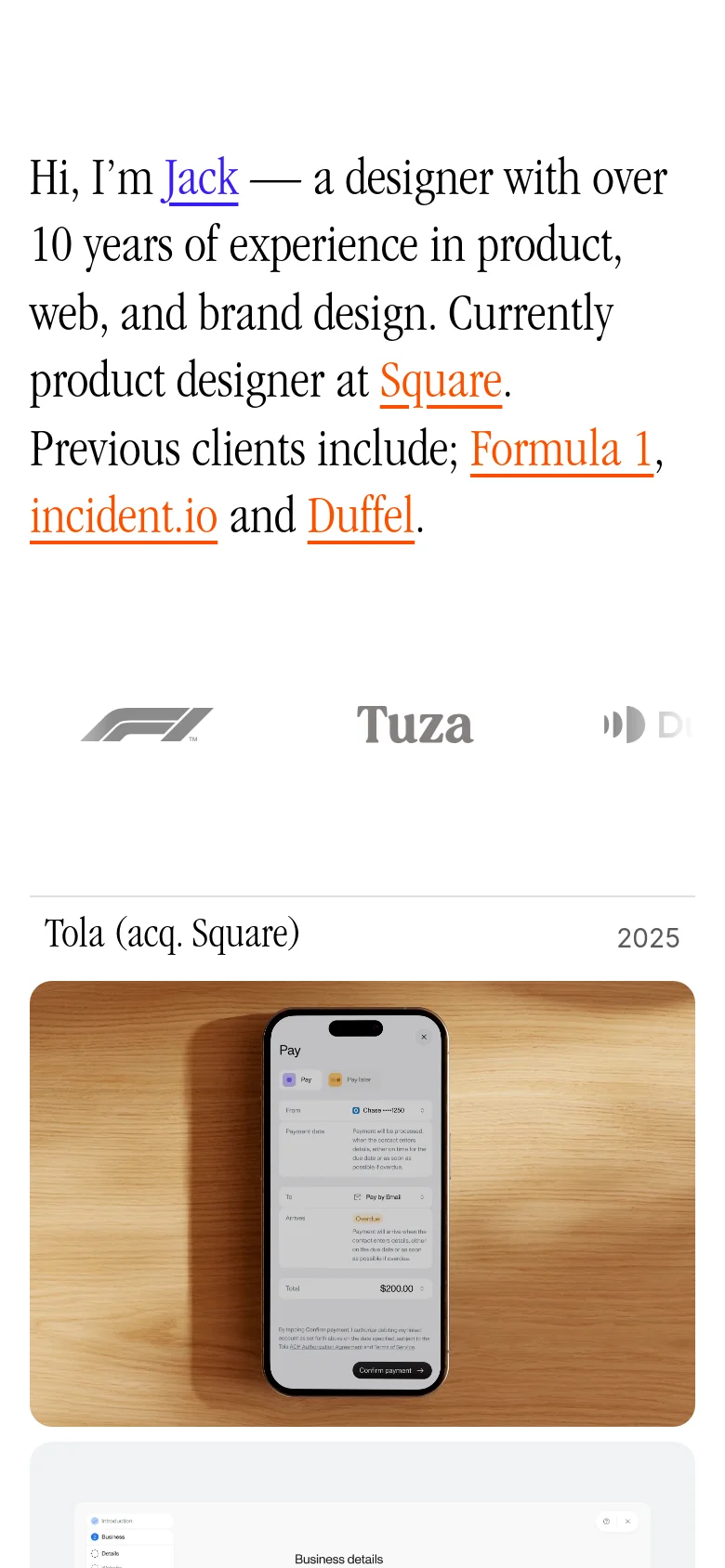 The mobile version maintains the minimalist white and black aesthetic but uses a single-column layout. The introductory text is stacked vertically, and the client logos are scaled down and centered. Project sections feature large, full-width images of mobile app interfaces and software designs to optimize for vertical scrolling.