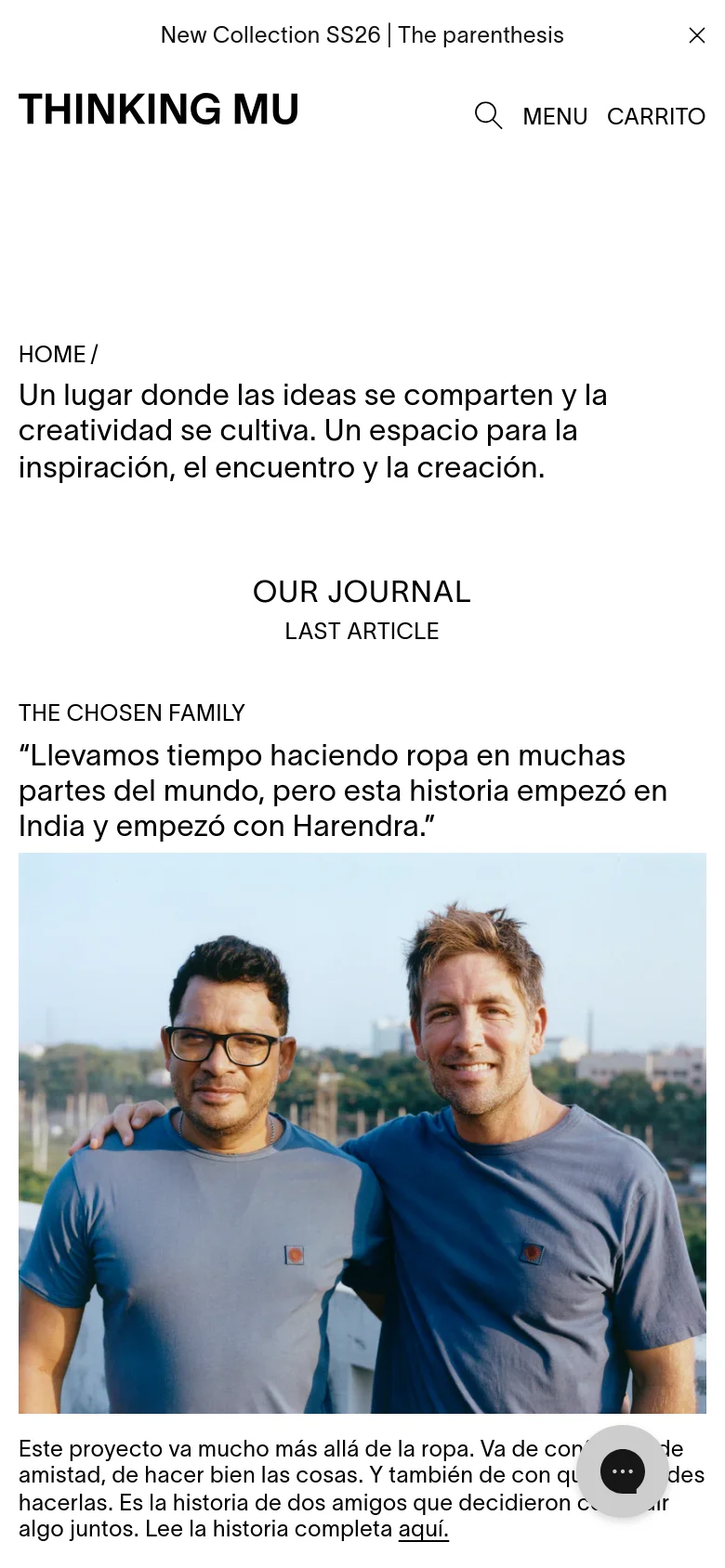 The mobile version simplifies the layout into a single-column vertical scroll. The navigation is condensed into a 'MENU' button next to the brand logo, and the hero image and text occupy the full width of the screen. The article archive follows below, with images and text stacked vertically for easier scrolling on a small screen.