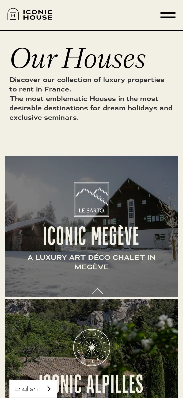 The mobile version presents a simplified vertical layout with the 'Our Houses' headline and introductory text at the top. The property tiles, such as 'Iconic Megève,' are stacked vertically and take up the full width of the screen, featuring large imagery and bold white text. A hamburger menu icon is visible in the top right, and the navigation is condensed compared to the desktop view.