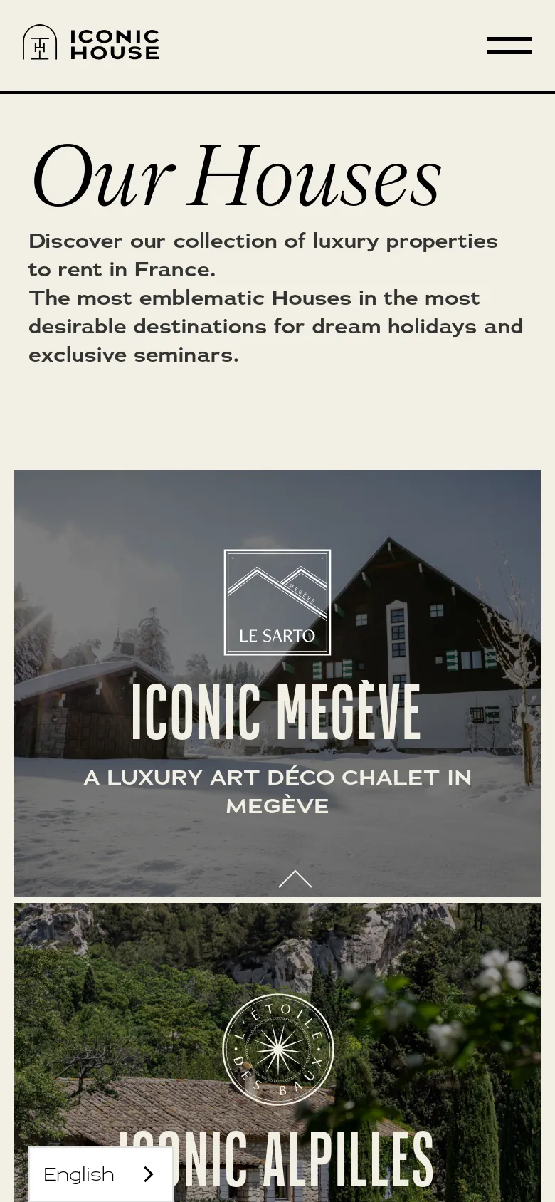 The mobile version presents a simplified vertical layout with the 'Our Houses' headline and introductory text at the top. The property tiles, such as 'Iconic Megève,' are stacked vertically and take up the full width of the screen, featuring large imagery and bold white text. A hamburger menu icon is visible in the top right, and the navigation is condensed compared to the desktop view.