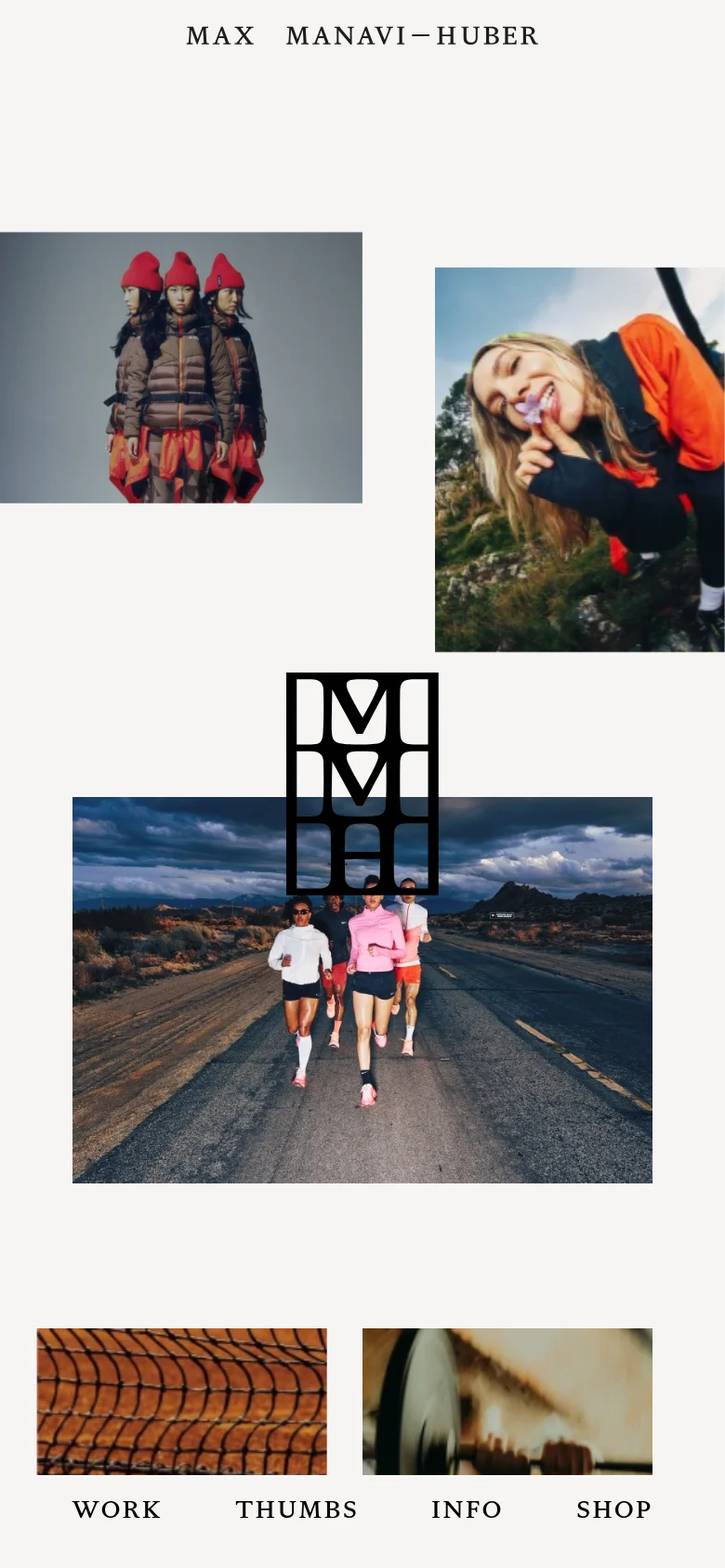 The mobile version presents a vertically stacked layout optimized for small screens, maintaining the minimalist white aesthetic and black serif text. The navigation links are condensed, and the photography portfolio is displayed in a single-column scrollable format. The primary focus remains on large, high-quality imagery from the photographer's work.