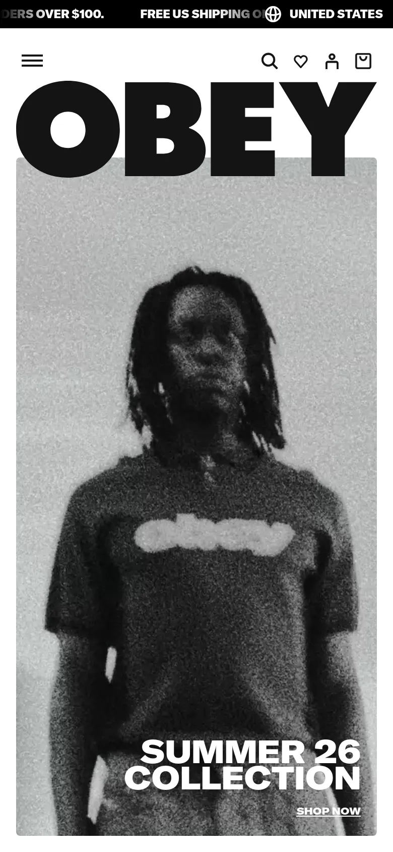 The mobile version presents a vertically oriented, grainy black and white hero image of a model wearing a t-shirt. The OBEY logo is centered at the top, with a hamburger menu icon on the left and search, wishlist, account, and bag icons on the right. The 'SUMMER 26 COLLECTION' headline and 'SHOP NOW' link are positioned at the bottom of the screen.