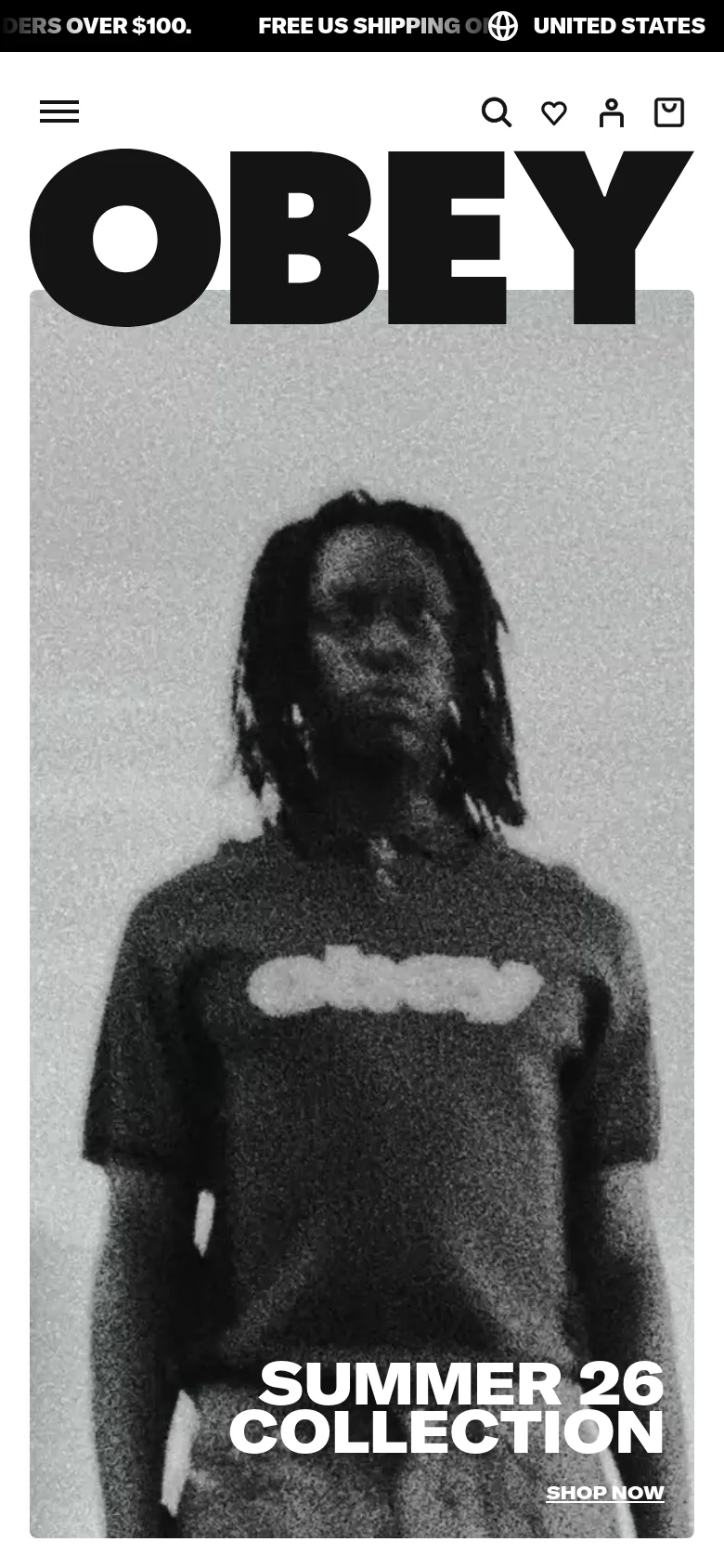 The mobile version presents a vertically oriented, grainy black and white hero image of a model wearing a t-shirt. The OBEY logo is centered at the top, with a hamburger menu icon on the left and search, wishlist, account, and bag icons on the right. The 'SUMMER 26 COLLECTION' headline and 'SHOP NOW' link are positioned at the bottom of the screen.