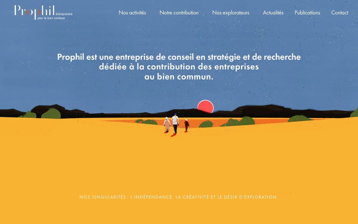 Desktop homepage for Prophil featuring a blue starry sky background transitioning into a desert landscape with a large red sun. Centered white text describes the company as a strategy and research firm, while a horizontal navigation menu sits at the top. An illustration of three small figures walks across the yellow sand dunes.