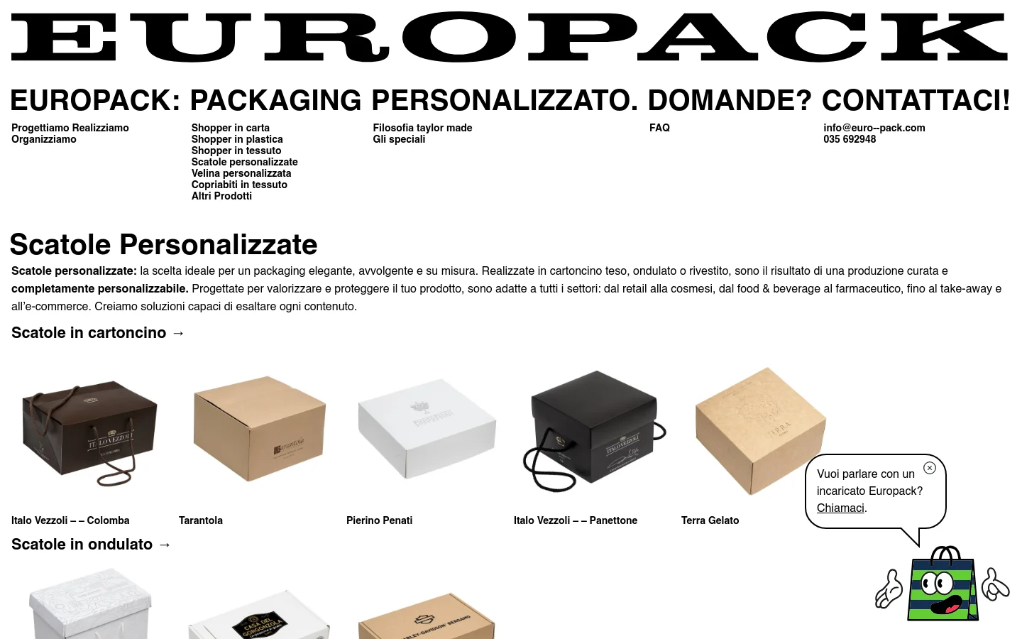 The desktop page features a clean white background with black text, headlined 'Scatole Personalizzate'. Below the introductory text, a grid displays high-quality images of various custom cardboard boxes, such as those for Italo Vezzoli and Terra Gelato, organized under subheadings like 'Scatole in cartoncino'.