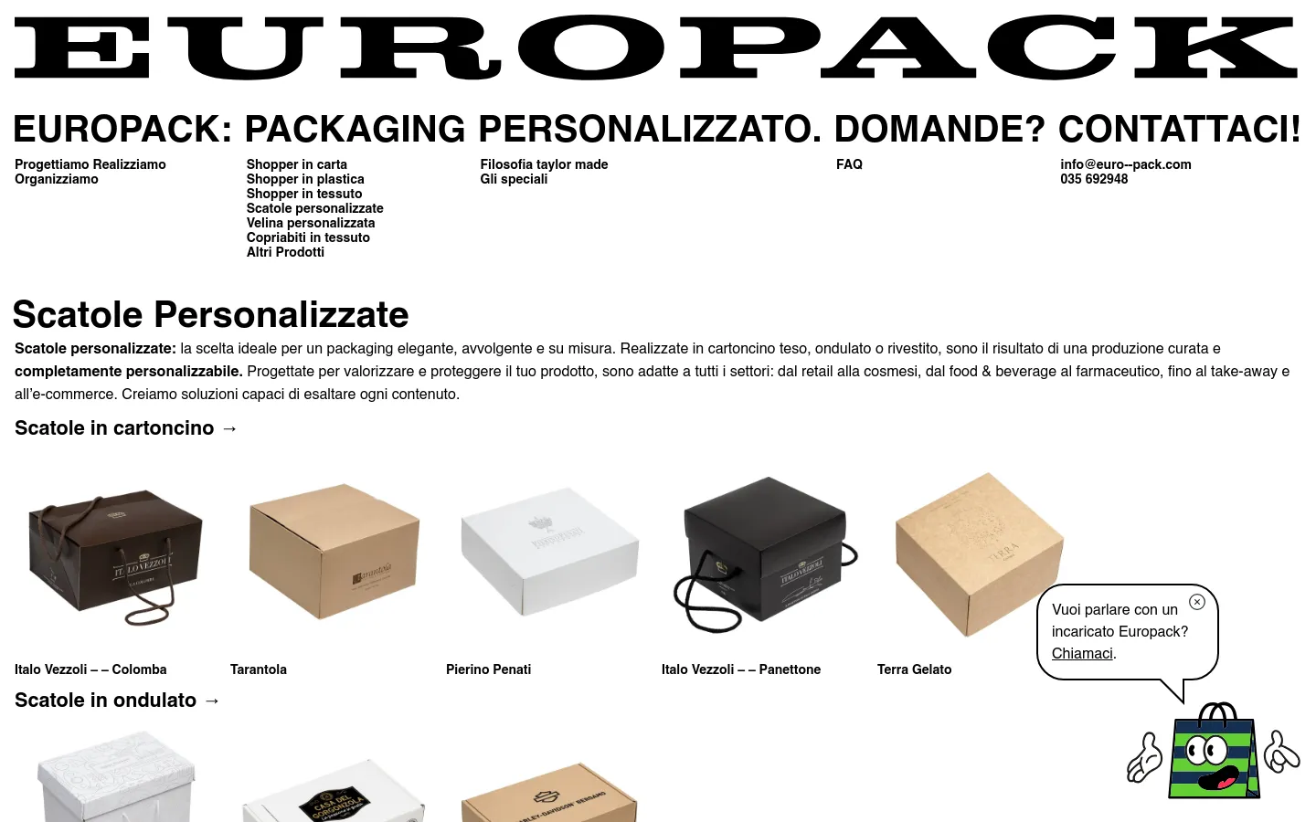 The desktop page features a clean white background with black text, headlined 'Scatole Personalizzate'. Below the introductory text, a grid displays high-quality images of various custom cardboard boxes, such as those for Italo Vezzoli and Terra Gelato, organized under subheadings like 'Scatole in cartoncino'.