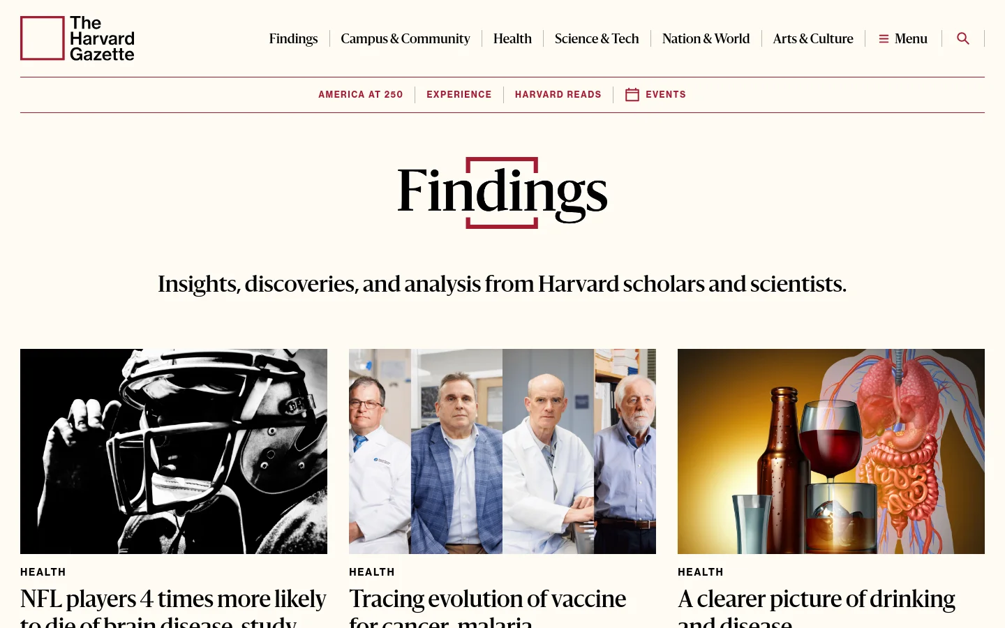The Findings archive page features a white background with a large 'Findings' logo and a subtitle about Harvard scholars. Below, a grid of news articles displays large, high-contrast images, category labels like 'Health', bold headlines, and short summaries. The desktop layout shows articles arranged in a horizontal row.