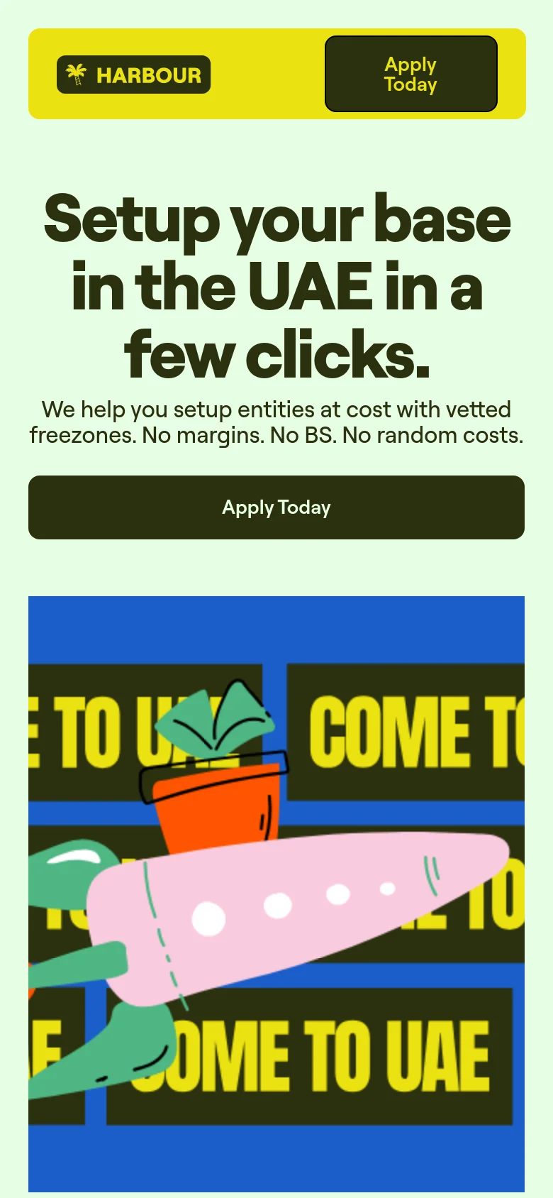 Mobile version of the Harbour homepage with a bright yellow header containing the logo and an 'Apply Today' button. The layout is vertically stacked, showing the main headline, a brief description, and a large dark 'Apply Today' button, followed by a blue graphic section featuring a cartoon rocket and 'COME TO UAE' text.