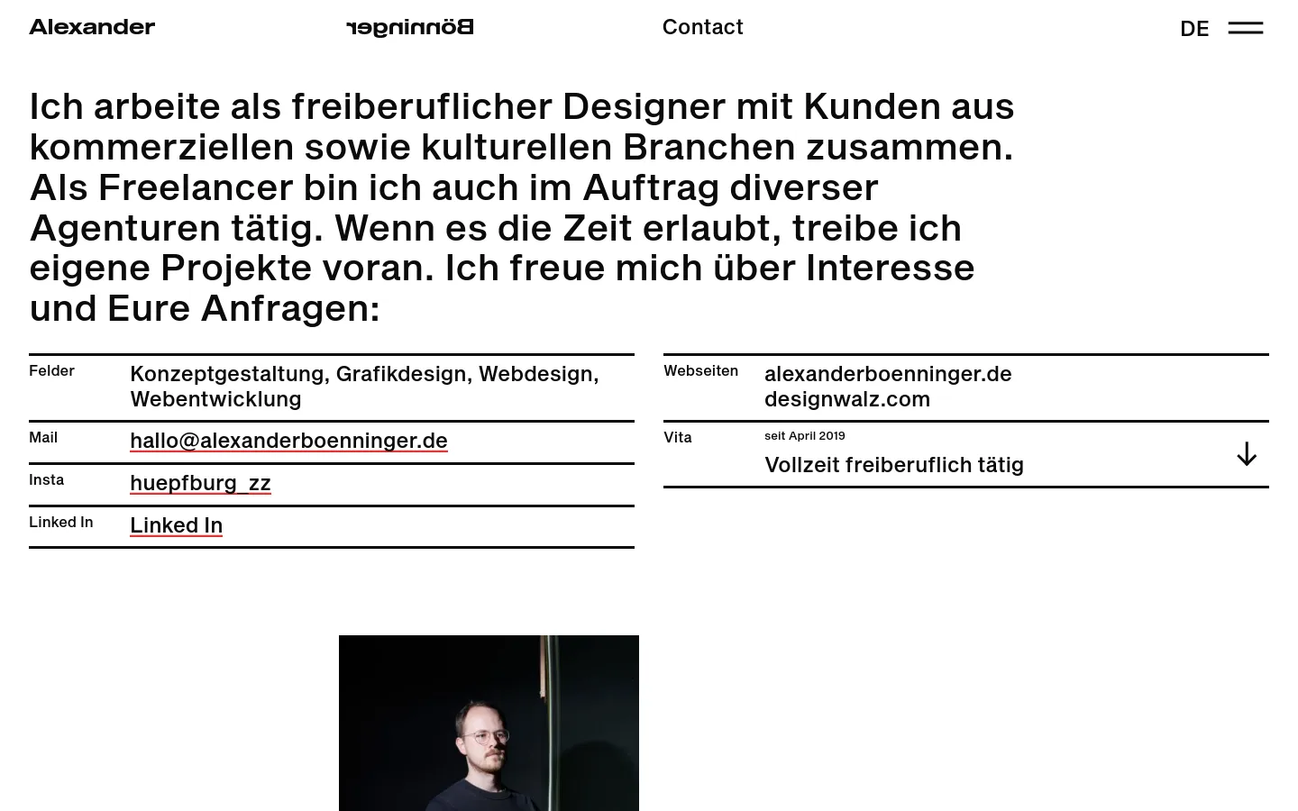 The desktop contact page features a minimalist design with a white background and black serif typography. A large introductory text block is followed by a two-column grid containing contact details like email and social links, websites, and a professional timeline (Vita). A portrait photo of Alexander Bönninger is partially visible at the bottom.