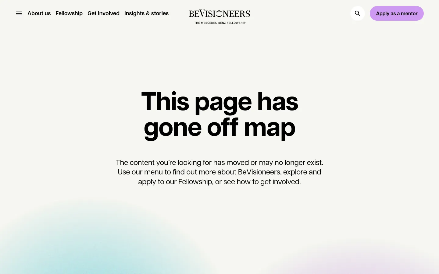 BeVisioneers 404 error page featuring large, bold sans-serif typography reading This page has gone off map. The minimalist layout uses a soft gradient background of light teal and lavender with a centered text block and a clean top navigation bar.