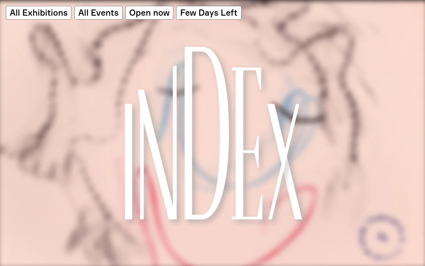 The INDEX Berlin homepage features a large, stylized white 'INDEX' logo centered over a soft, abstract pink and beige background with delicate line art. A black navigation bar at the top includes the site name, an 'Exhibitions' dropdown menu, and a hamburger menu icon. Below the header, several filter buttons like 'All Exhibitions' and 'All Events' are arranged horizontally.