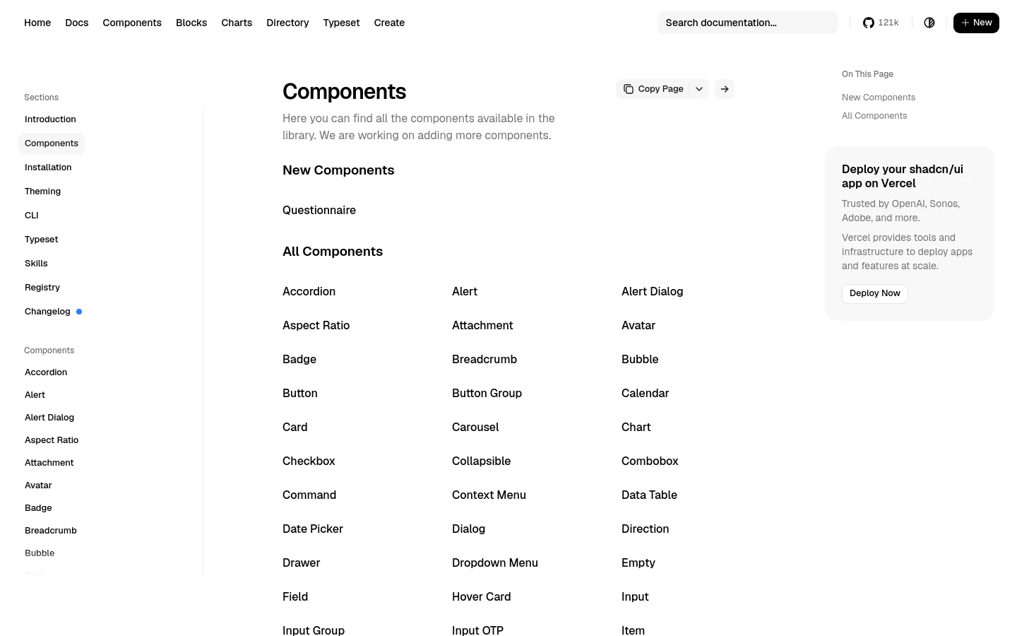 The desktop view shows a documentation page for shadcn/ui components with a clean, white and gray layout. A left sidebar contains navigation links for sections and specific components, while a right sidebar provides page shortcuts and a Vercel deployment call to action. The main content area features a large 'Components' heading, a brief introduction, and a multi-column grid of links to various UI components like Accordion, Alert, and Avatar.